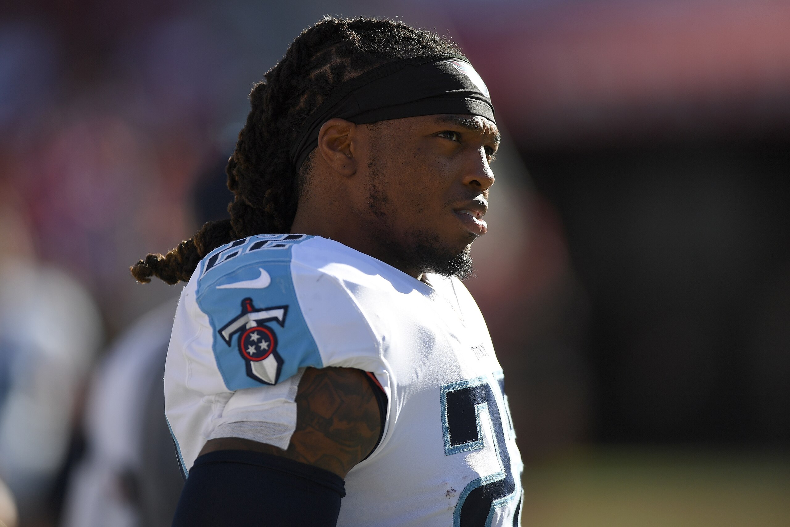 SANTA CLARA, CA - DECEMBER 17:  Derrick Henry #22 of the Tennessee Titans looks on from the sidelines prior to the start of an NFL football game against the San Francisco 49ers  at Levi's Stadium on December 17, 2017 in Santa Clara, California.  (Photo by