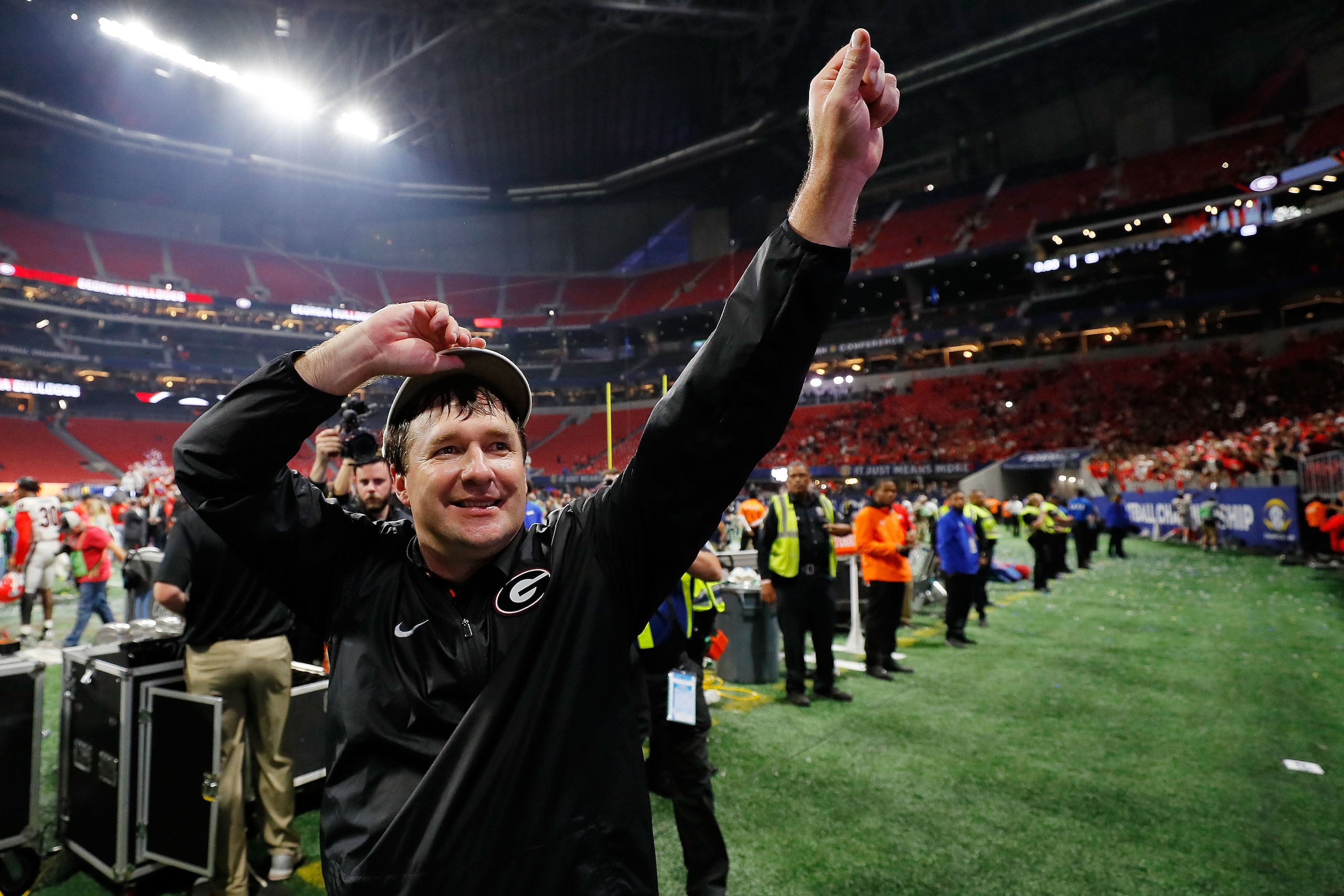 ATLANTA, GA - DECEMBER 02: Head coach Kirby Smart of the Georgia Bulldogs celebrates beating the Auburn Tigers in the SEC Championship at Mercedes-Benz Stadium on December 2, 2017 in Atlanta, Georgia. (Photo by Kevin C. Cox/Getty Images) ATLANTA, GA - DECEMBER 02: Head coach Kirby Smart of the Georgia Bulldogs celebrates beating the Auburn Tigers in the SEC Championship at Mercedes-Benz Stadium on December 2, 2017 in Atlanta, Georgia. (Photo by Kevin C. Cox/Getty Images)