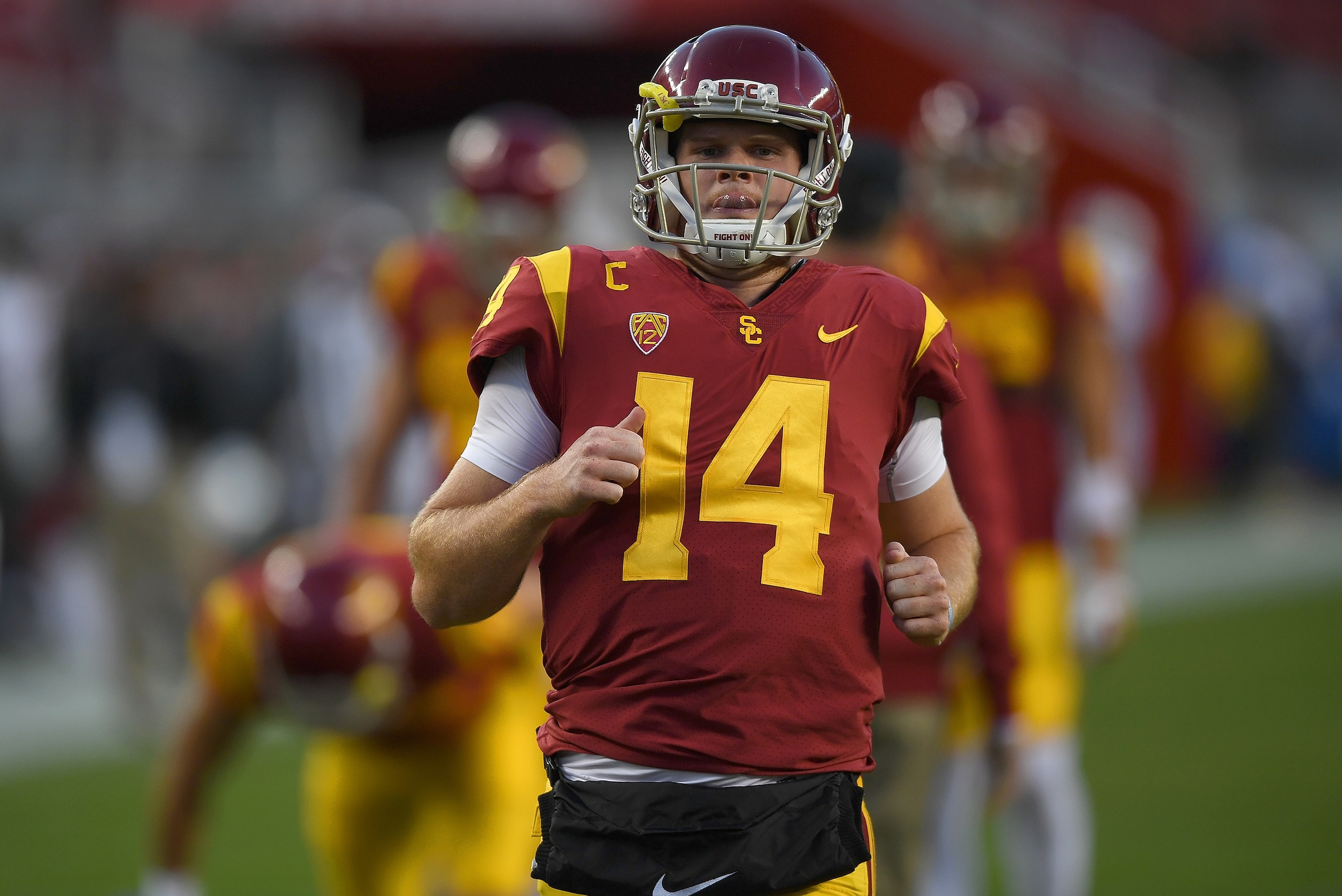 SANTA CLARA, CA - DECEMBER 01:  Sam Darnold #14 of the USC Trojans warms up during pregame warm ups prior to the start of the Pac-12 Football Championship Game against the Stanford Cardinal at Levi's Stadium on December 1, 2017 in Santa Clara, California.