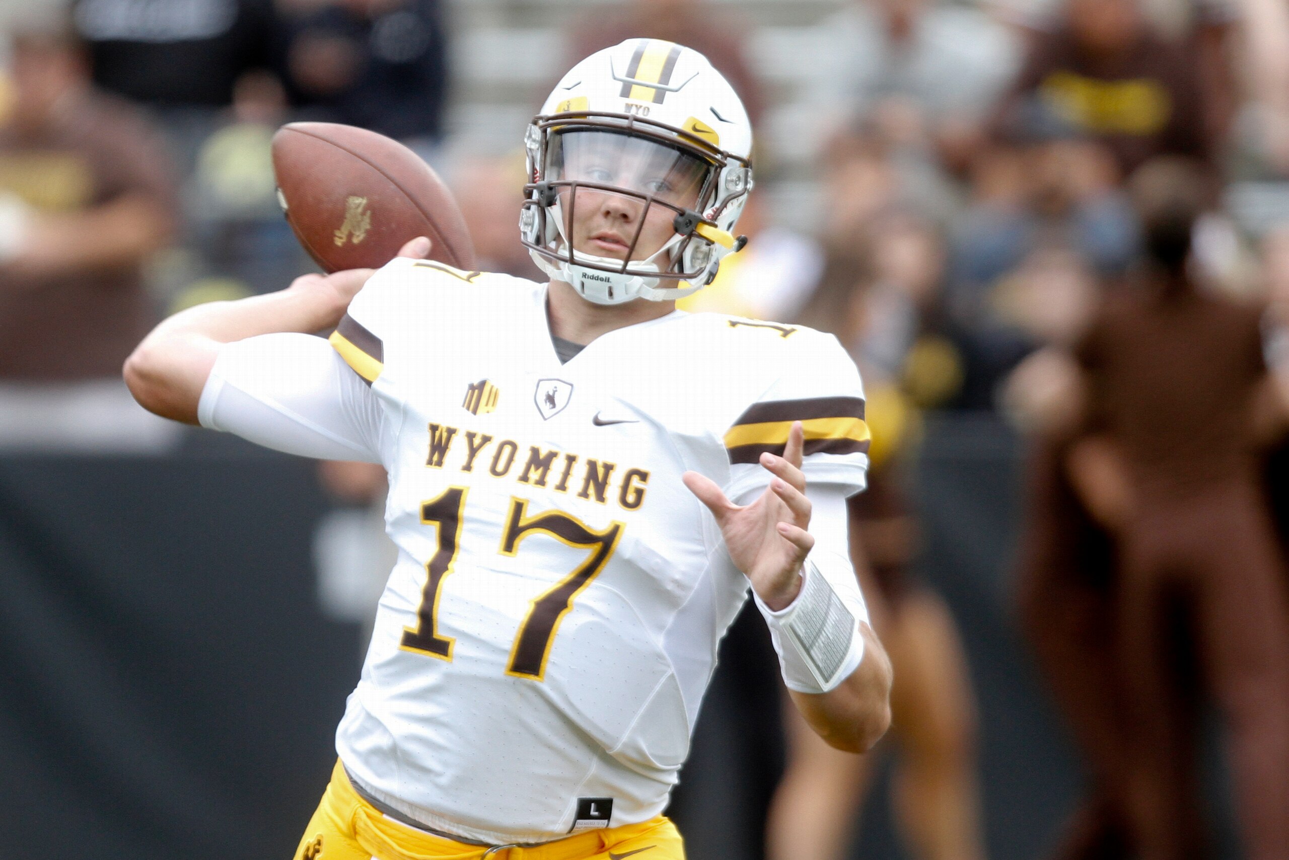 IOWA CITY, IOWA- SEPTEMBER 2:  Quarterback Josh Allen #17 of the Wyoming Cowboys warms up before the match-up against the Iowa Hawkeyes, on September 2, 2017 at Kinnick Stadium in Iowa City, Iowa.  (Photo by Matthew Holst/Getty Images)