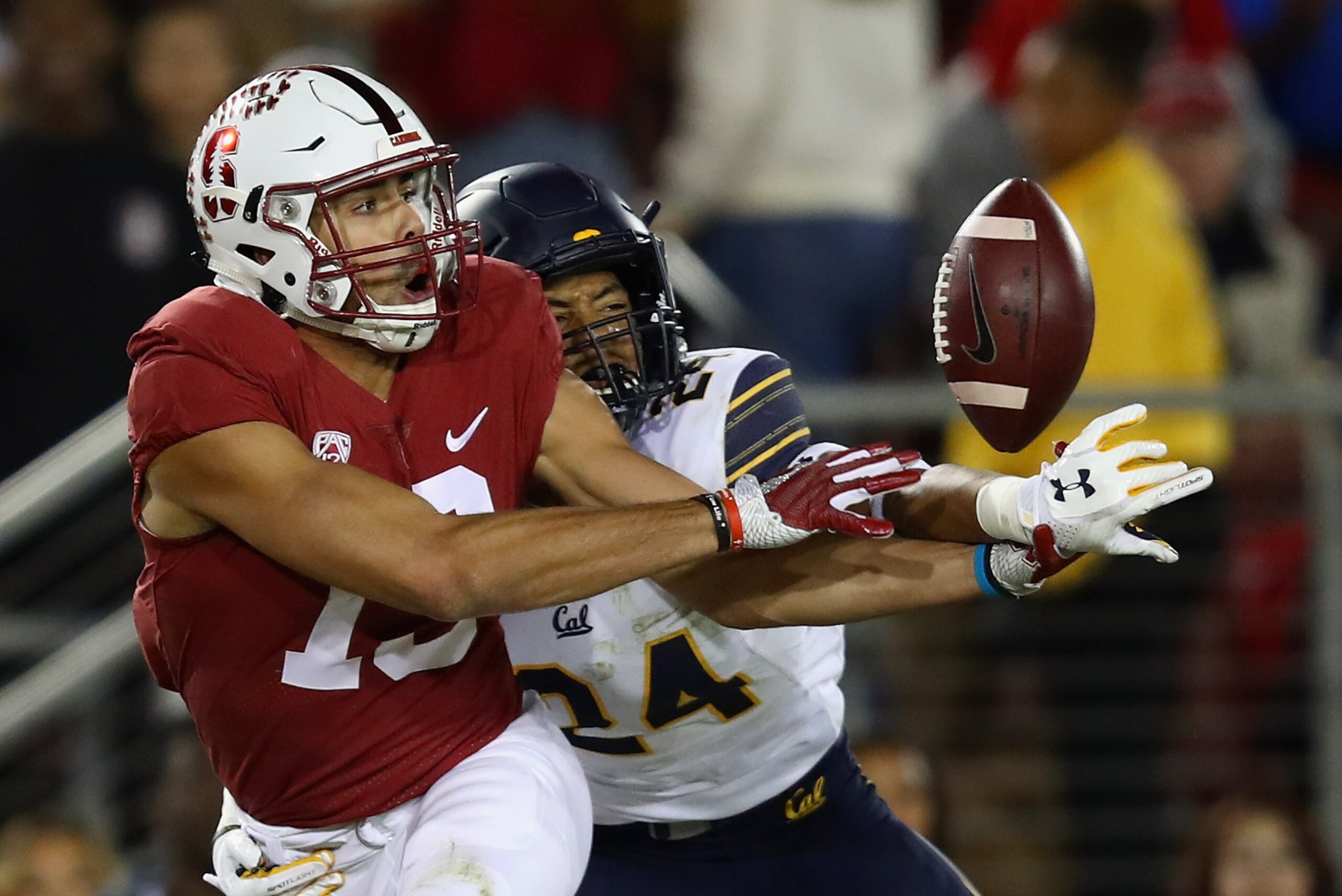 PALO ALTO, CA - NOVEMBER 18:  Camryn Bynum #24 of the California Golden Bears breaks up a pass intended for JJ Arcega-Whiteside #19 of the Stanford Cardinal at Stanford Stadium on November 18, 2017 in Palo Alto, California.  (Photo by Ezra Shaw/Getty Imag