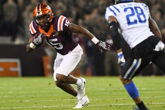 BLACKSBURG, VA - OCTOBER 28: Wide receiver Sean Savoy #15 of the Virginia Tech Hokies carries the ball against the Duke Blue Devils in the first half at Lane Stadium on October 28, 2017 in Blacksburg, Virginia. (Photo by Michael Shroyer/Getty Images)