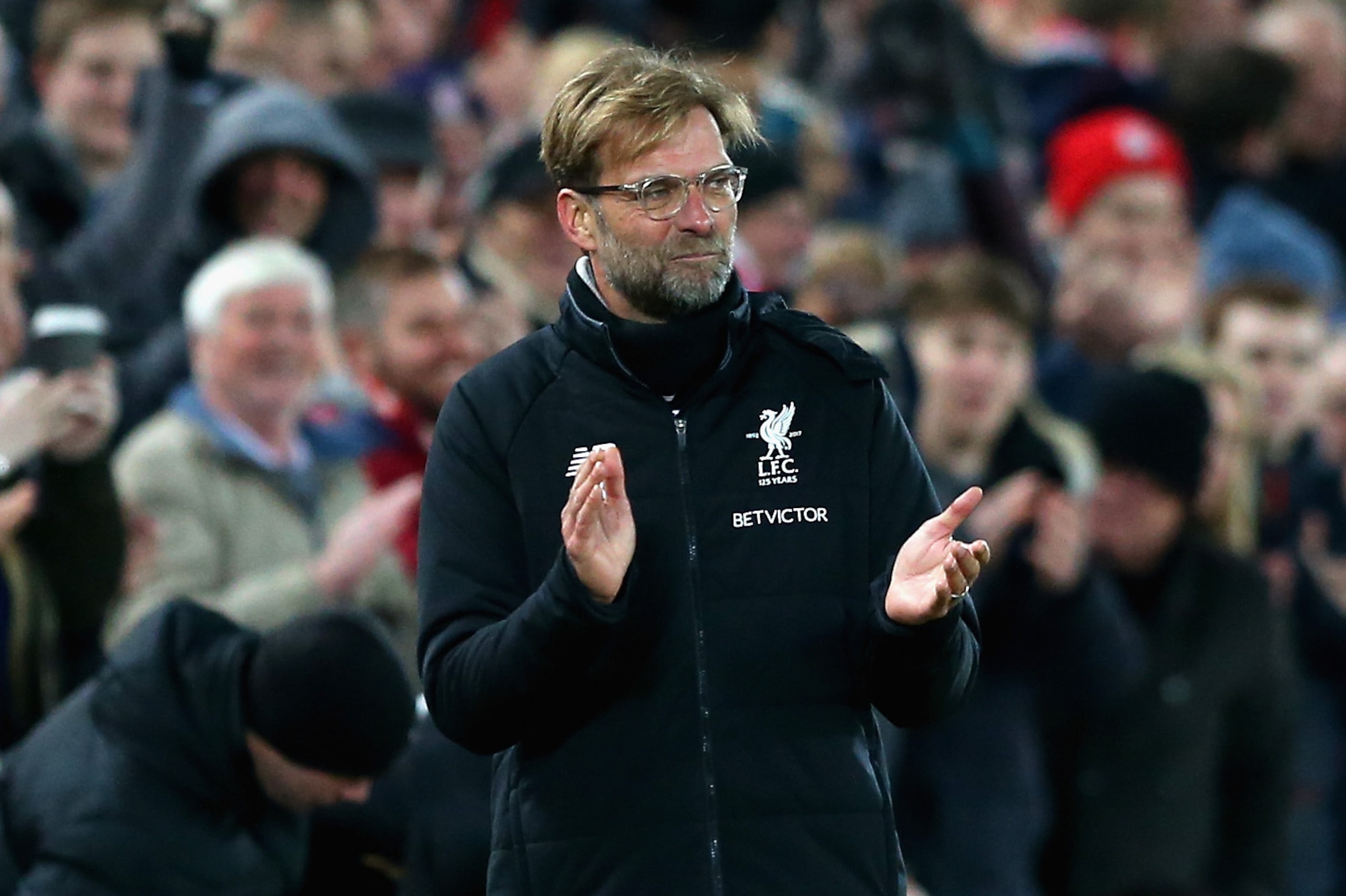 LIVERPOOL, ENGLAND - DECEMBER 26:  Jurgen Klopp, Manager of Liverpool celebrates after his side score their third during the Premier League match between Liverpool and Swansea City at Anfield on December 26, 2017 in Liverpool, England.  (Photo by Jan Krug
