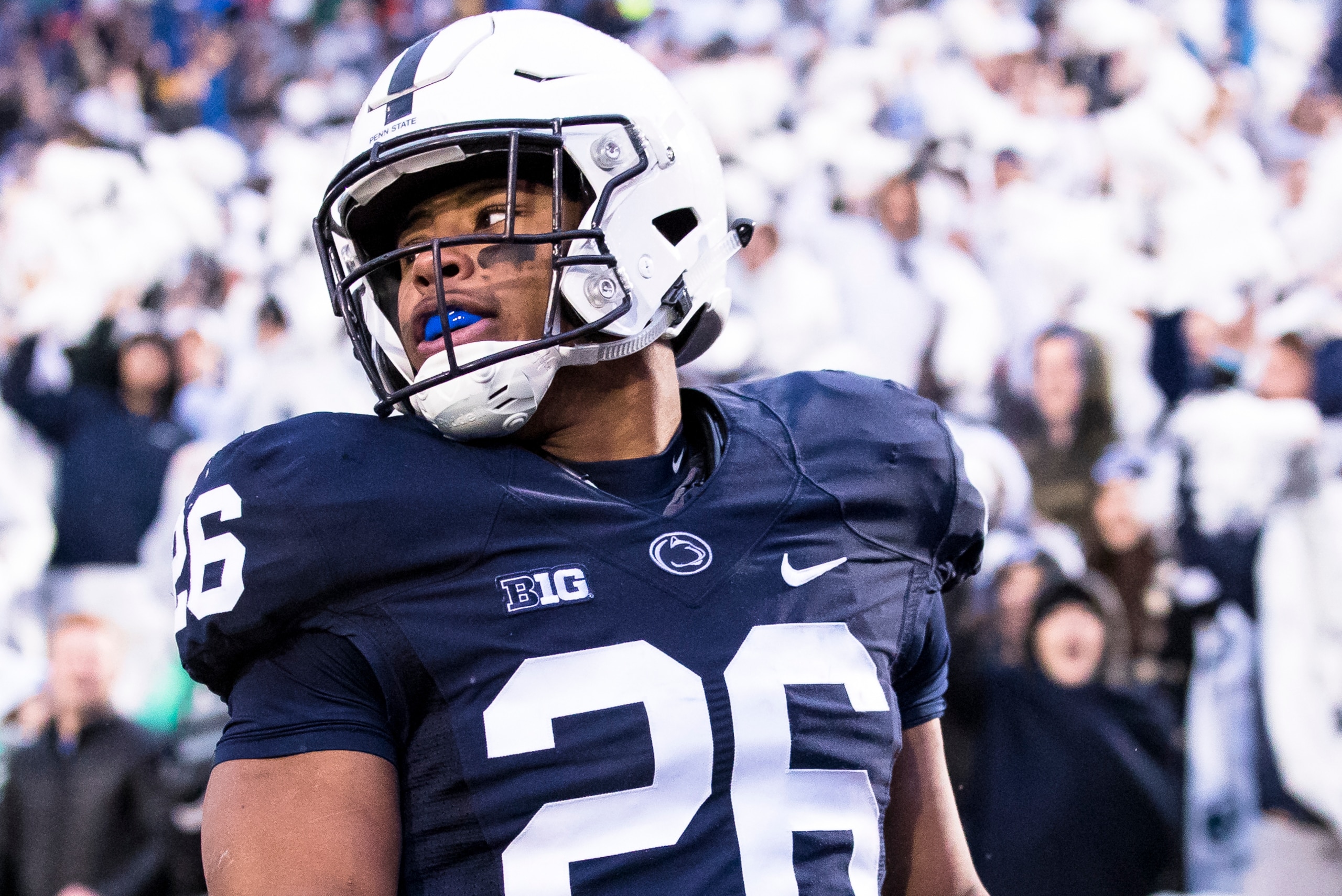 UNIVERSITY PARK, PA - NOVEMBER 18:  Saquon Barkley #26 of the Penn State Nittany Lions carries the ball on a touchdown run during the first quarter against the Nebraska Cornhuskers on November 18, 2017 at Beaver Stadium in University Park, Pennsylvania. P