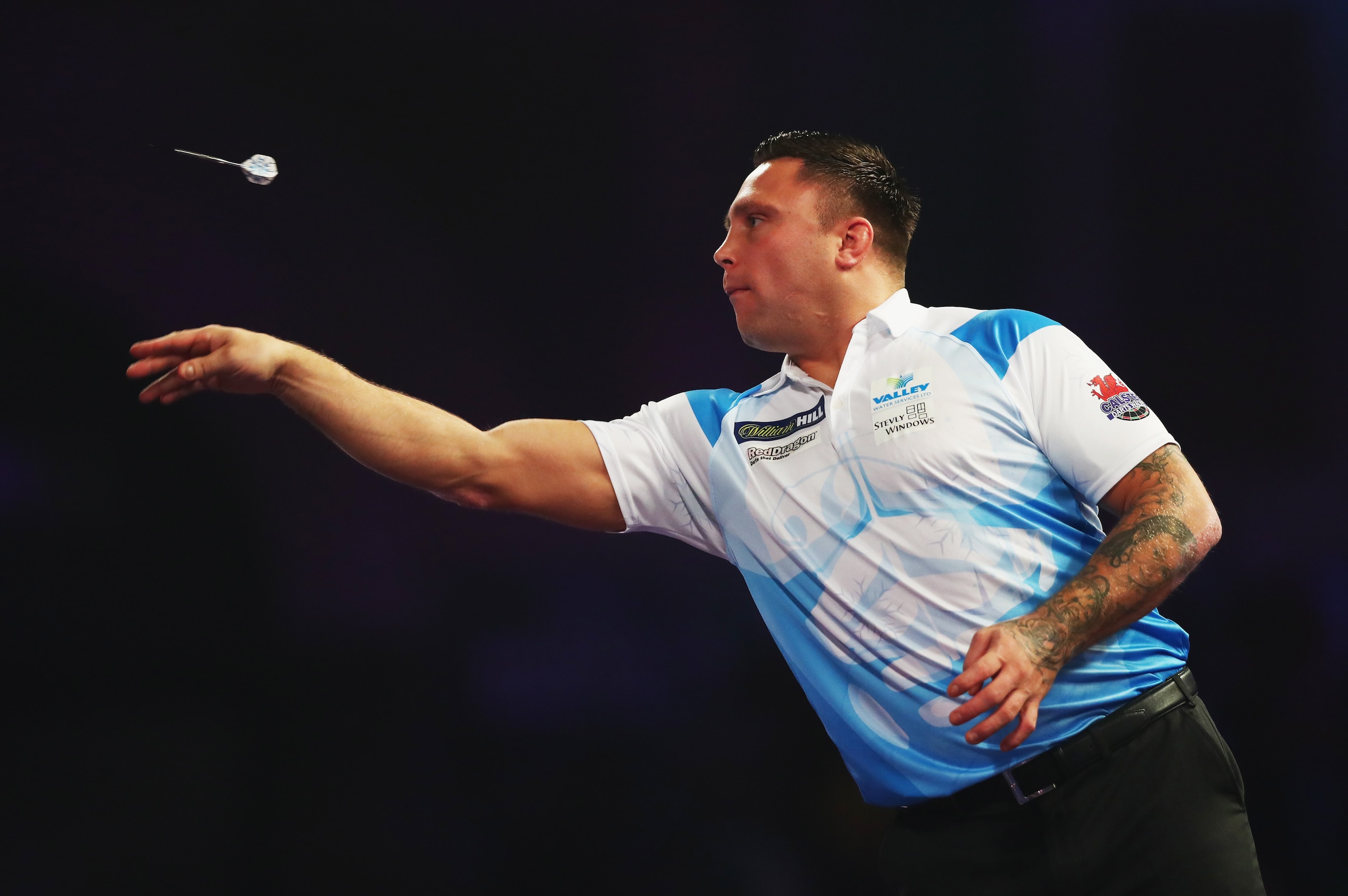LONDON, ENGLAND - DECEMBER 22: Gerwyn Price of Wales in action during the second round match against Ian White of England on day nine of the 2018 William Hill PDC World Darts Championships at Alexandra Palace on December 22, 2017 in London, England. (Ph LONDON, ENGLAND - DECEMBER 22: Gerwyn Price of Wales in action during the second round match against Ian White of England on day nine of the 2018 William Hill PDC World Darts Championships at Alexandra Palace on December 22, 2017 in London, England. (Ph