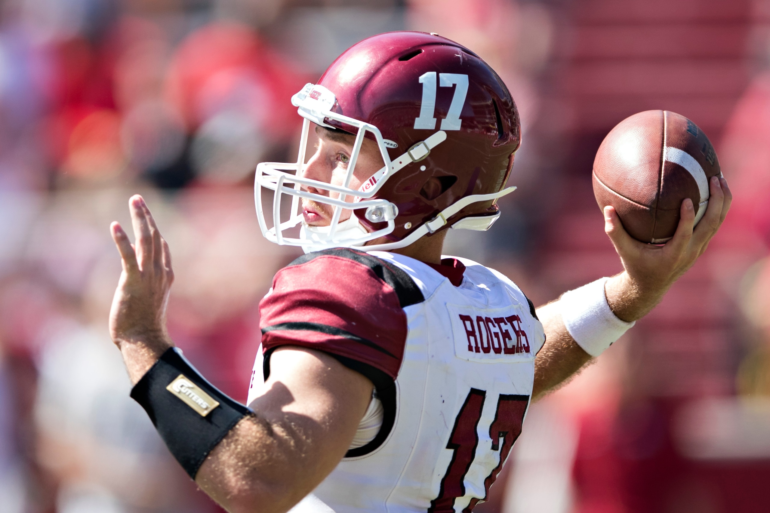 FAYETTEVILLE, AR - SEPTEMBER 30: Tyler Rogers #17 of the New Mexico State Aggies throws a pass during a game against the Arkansas Razorbacks at Donald W. Reynolds Razorback Stadium on September 30, 2017 in Fayetteville, Arkansas. The Razorbacks defeated FAYETTEVILLE, AR - SEPTEMBER 30: Tyler Rogers #17 of the New Mexico State Aggies throws a pass during a game against the Arkansas Razorbacks at Donald W. Reynolds Razorback Stadium on September 30, 2017 in Fayetteville, Arkansas. The Razorbacks defeated
