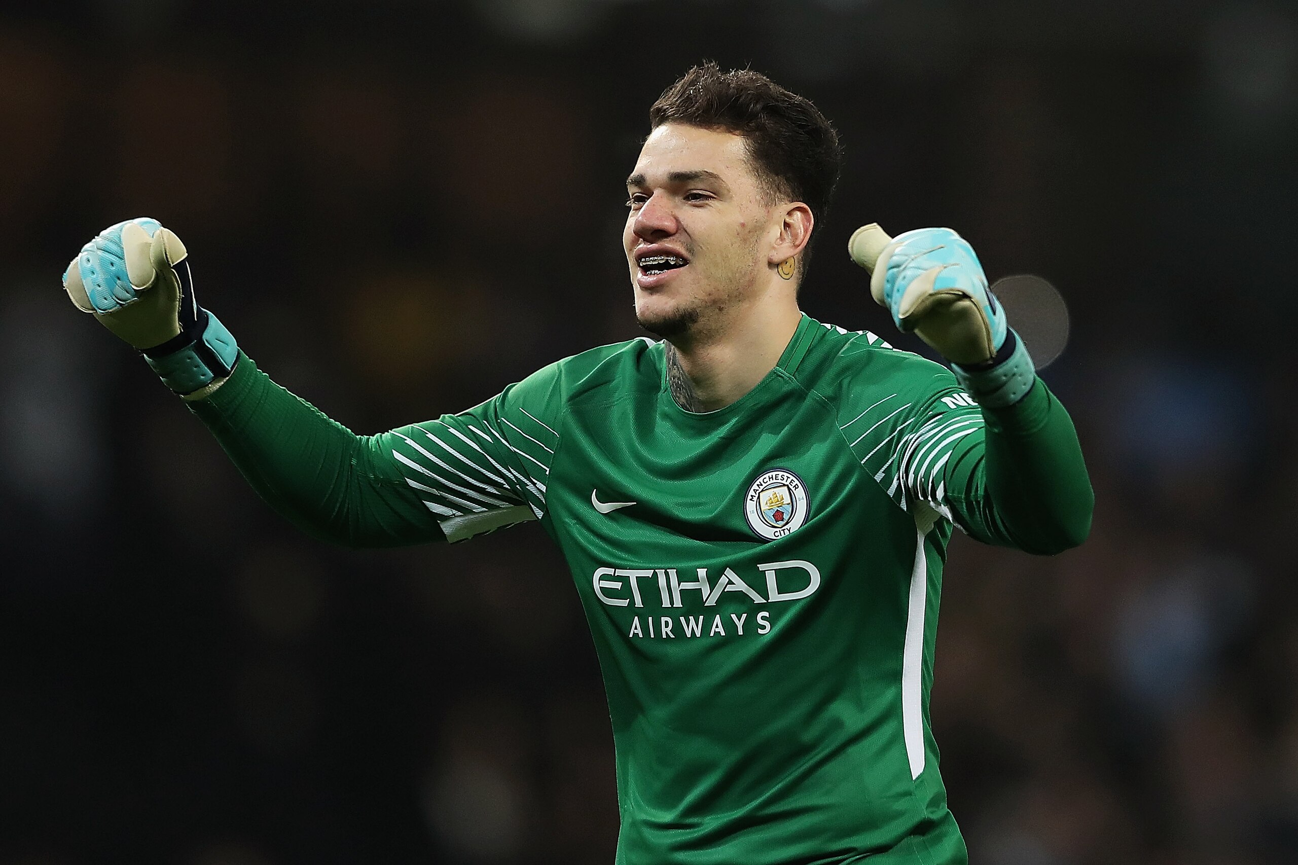MANCHESTER, ENGLAND - DECEMBER 23:  Ederson of Manchester City in action during the Premier League match between Manchester City and AFC Bournemouth at Etihad Stadium on December 23, 2017 in Manchester, England.  (Photo by Matthew Lewis/Getty Images)