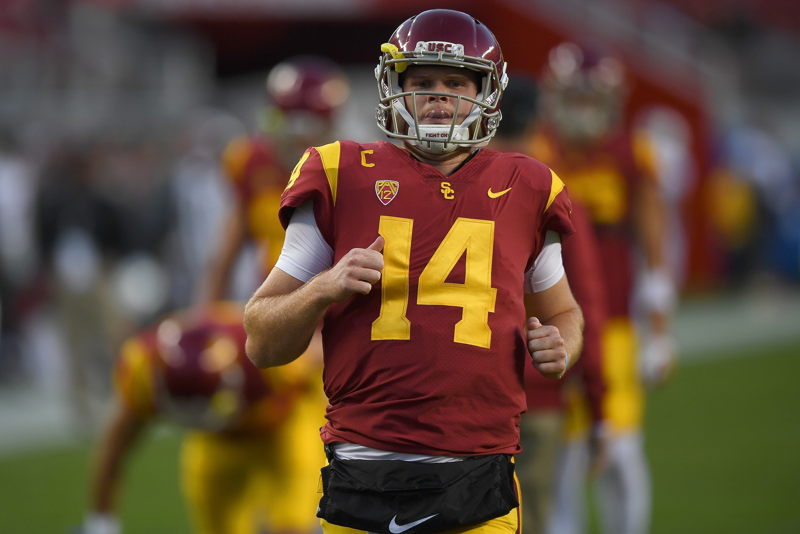 SANTA CLARA, CA - DECEMBER 01: Sam Darnold #14 of the USC Trojans warms up during pregame warm ups prior to the start of the Pac-12 Football Championship Game against the Stanford Cardinal at Levi's Stadium on December 1, 2017 in Santa Clara, California. SANTA CLARA, CA - DECEMBER 01: Sam Darnold #14 of the USC Trojans warms up during pregame warm ups prior to the start of the Pac-12 Football Championship Game against the Stanford Cardinal at Levi's Stadium on December 1, 2017 in Santa Clara, California.