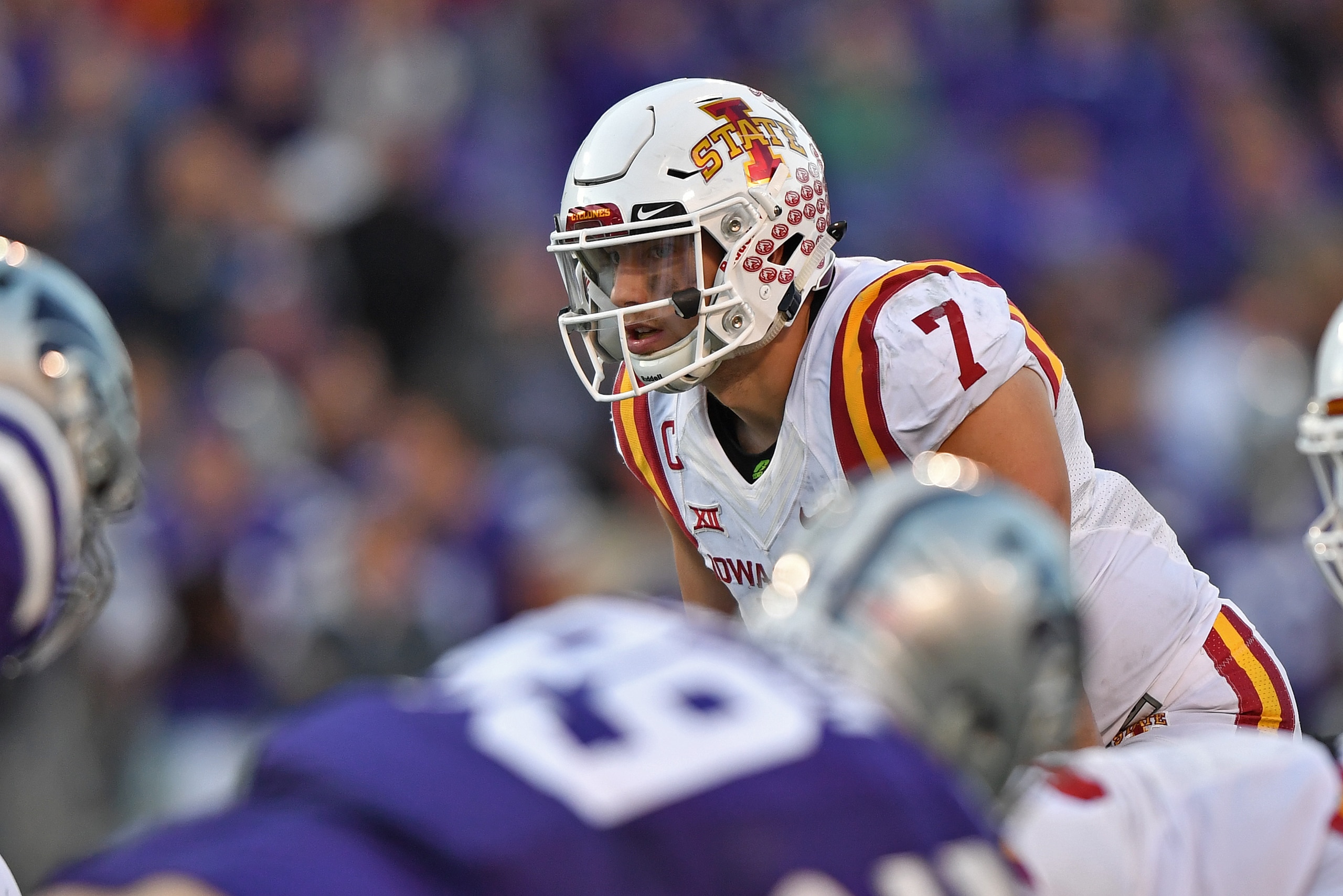 MANHATTAN, KS - NOVEMBER 25: Linebacker Joel Lanning #7 of the Iowa State Cyclones gets set on defense against Kansas State Wildcats during the second half on November 25, 2017 at Bill Snyder Family Stadium in Manhattan, Kansas. (Photo by Peter G. Aiken MANHATTAN, KS - NOVEMBER 25: Linebacker Joel Lanning #7 of the Iowa State Cyclones gets set on defense against Kansas State Wildcats during the second half on November 25, 2017 at Bill Snyder Family Stadium in Manhattan, Kansas. (Photo by Peter G. Aiken