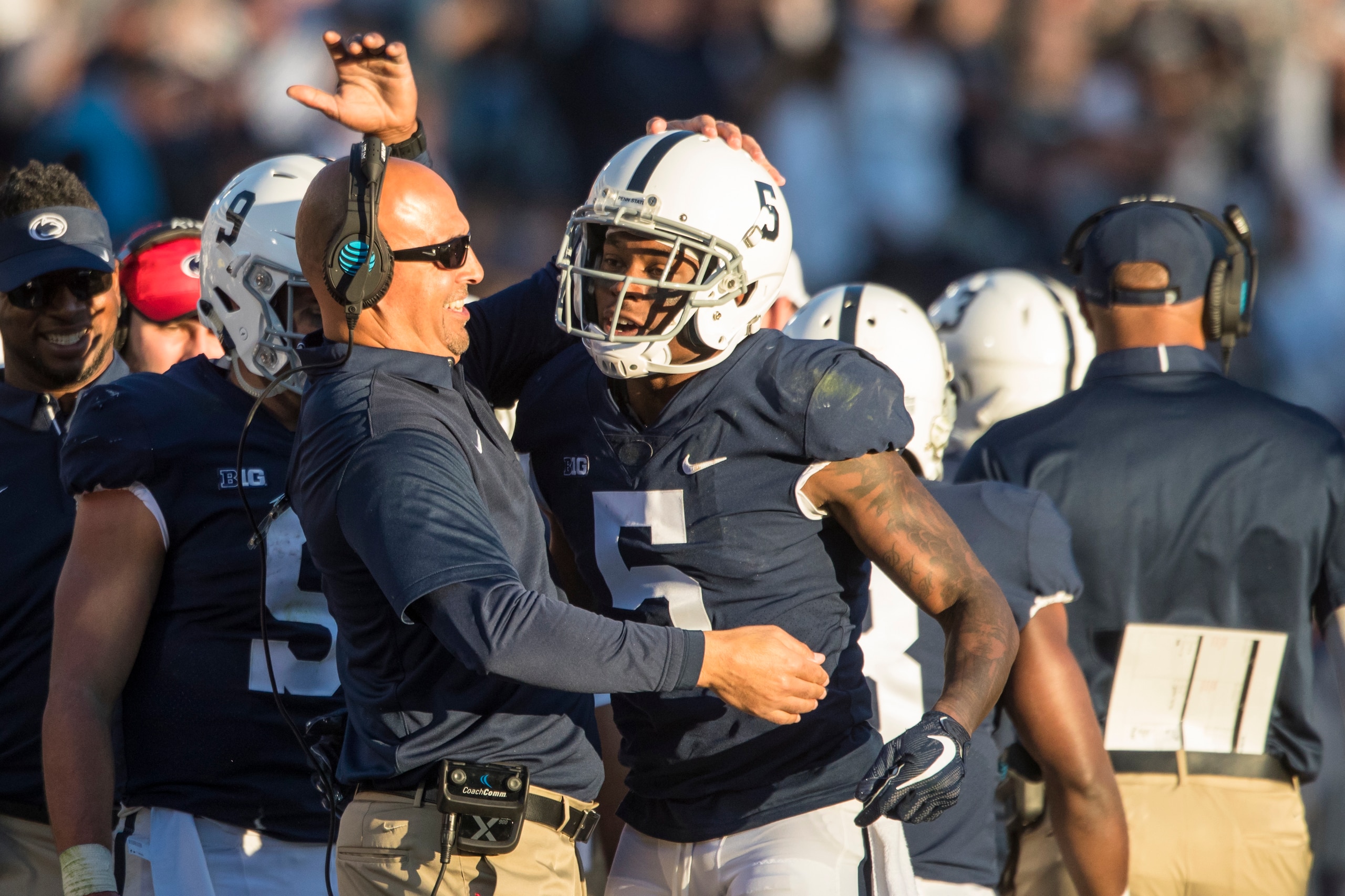 UNIVERSITY PARK, PA - SEPTEMBER 30:  Head coach James Franklin of the Penn State Nittany Lions and Trace McSorley #9 congratulate DaeSean Hamilton #5 after a touchdown reception during the third quarter against the Indiana Hoosiers on September 30, 2017 a