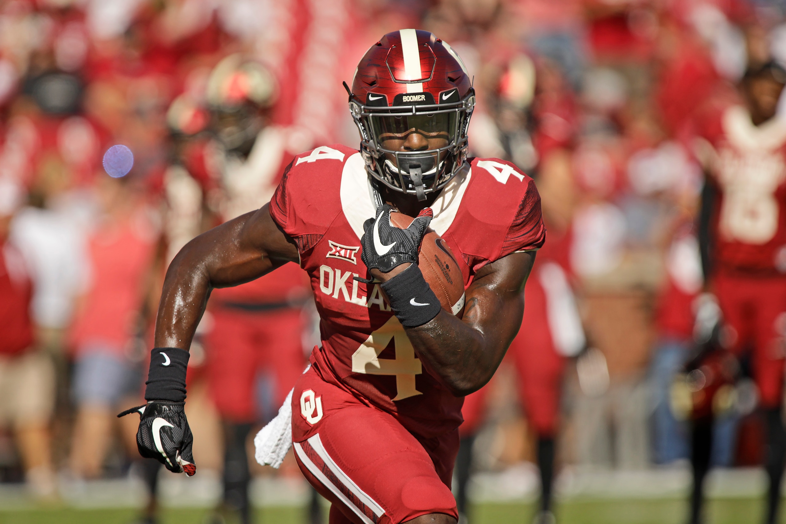 NORMAN, OK - OCTOBER 07: Running back Trey Sermon #4 of the Oklahoma Sooners warms up before the game against the Iowa State Cyclones at Gaylord Family Oklahoma Memorial Stadium on October 7, 2017 in Norman, Oklahoma. Iowa State defeated Oklahoma 38-31. (