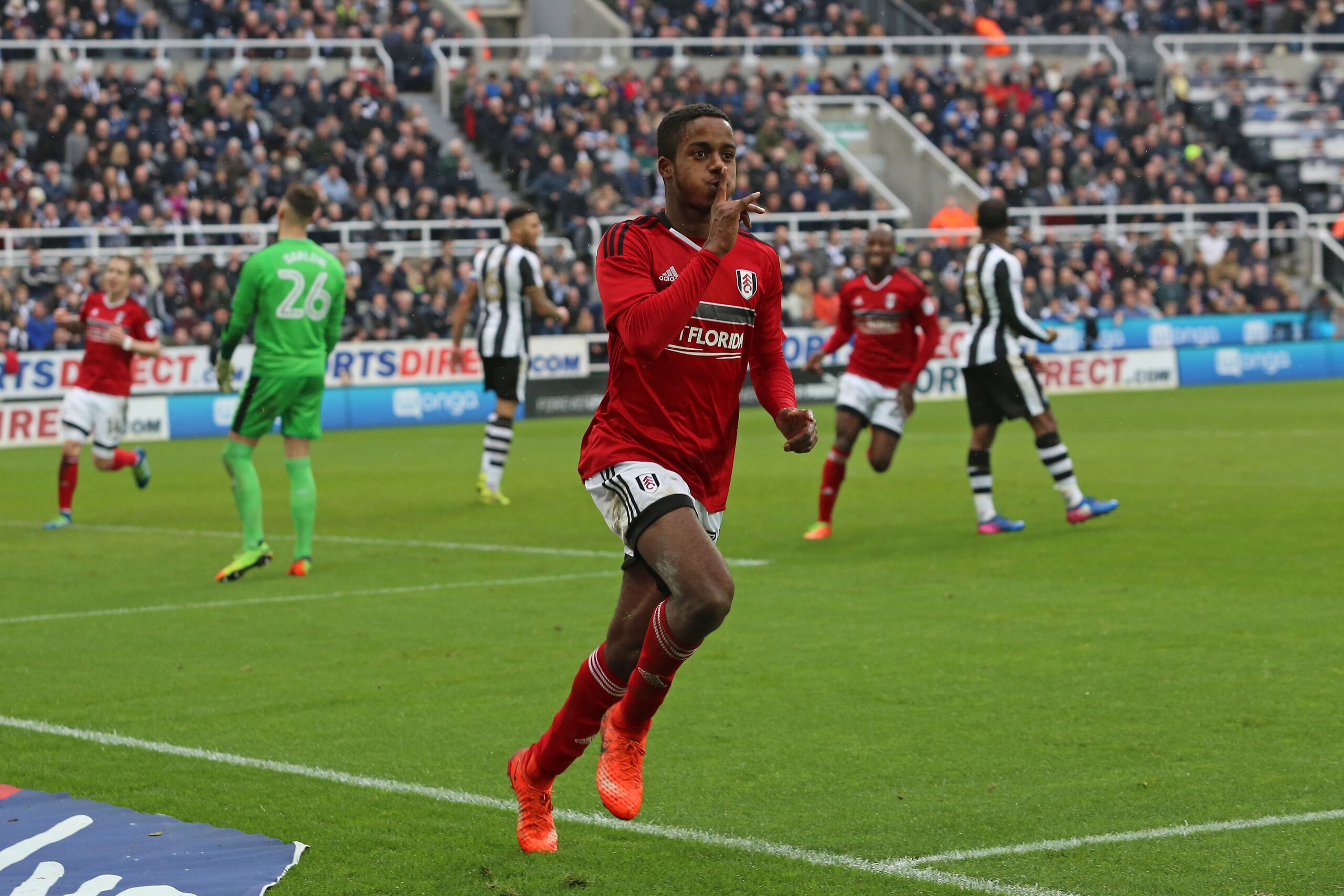 NEWCASTLE UPON TYNE, ENGLAND - MARCH 11: Ryan Sessegnon of Fulham celebrates after he scores the third goal during the Sky Bet Championship match between Newcastle United and Fulham  at St James' Park on March 11, 2017 in Newcastle upon Tyne, England. (Ph