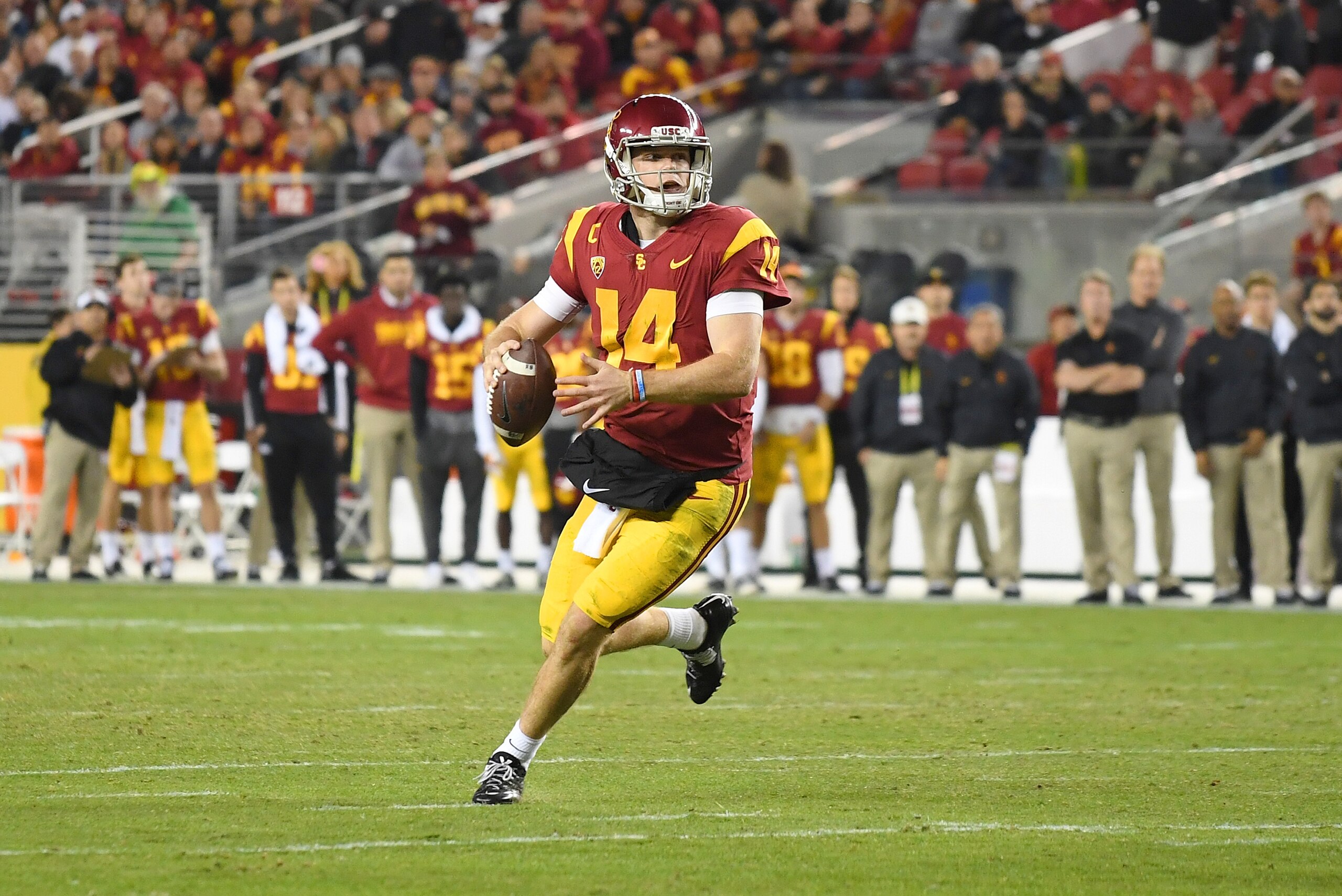 SANTA CLARA, CA - DECEMBER 01:  Sam Darnold #14 of the USC Trojans looks to throw a pass against the Stanford Cardinal during the Pac-12 Football Championship Game at Levi's Stadium on December 1, 2017 in Santa Clara, California.  (Photo by Thearon W. Hen