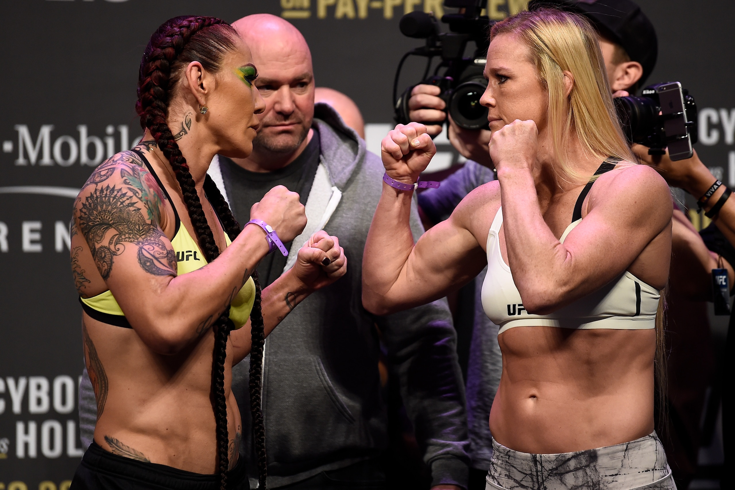 LAS VEGAS, NV - DECEMBER 29:  (L-R) Cris Cyborg of Brazil and Holly Holm face off during the UFC 219 weigh-in inside T-Mobile Arena on December 29, 2017 in Las Vegas, Nevada. (Photo by Jeff Bottari/Zuffa LLC/Zuffa LLC via Getty Images)