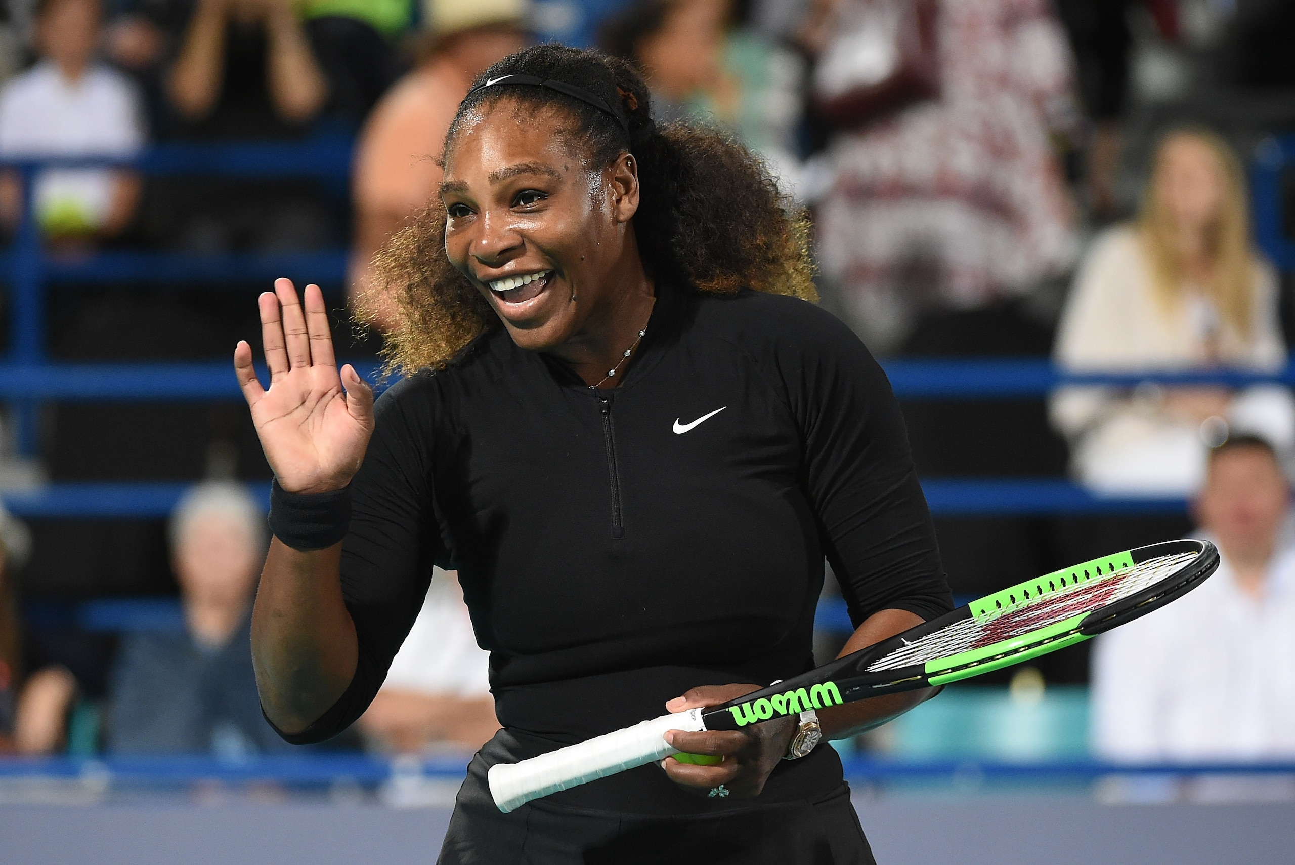 ABU DHABI, UNITED ARAB EMIRATES - DECEMBER 30:  Serena Williams of United States smiles during her Ladies Final match against Jelena Ostapenko of Latvia on day three of the Mubadala World Tennis Championship at International Tennis Centre Zayed Sports Cit