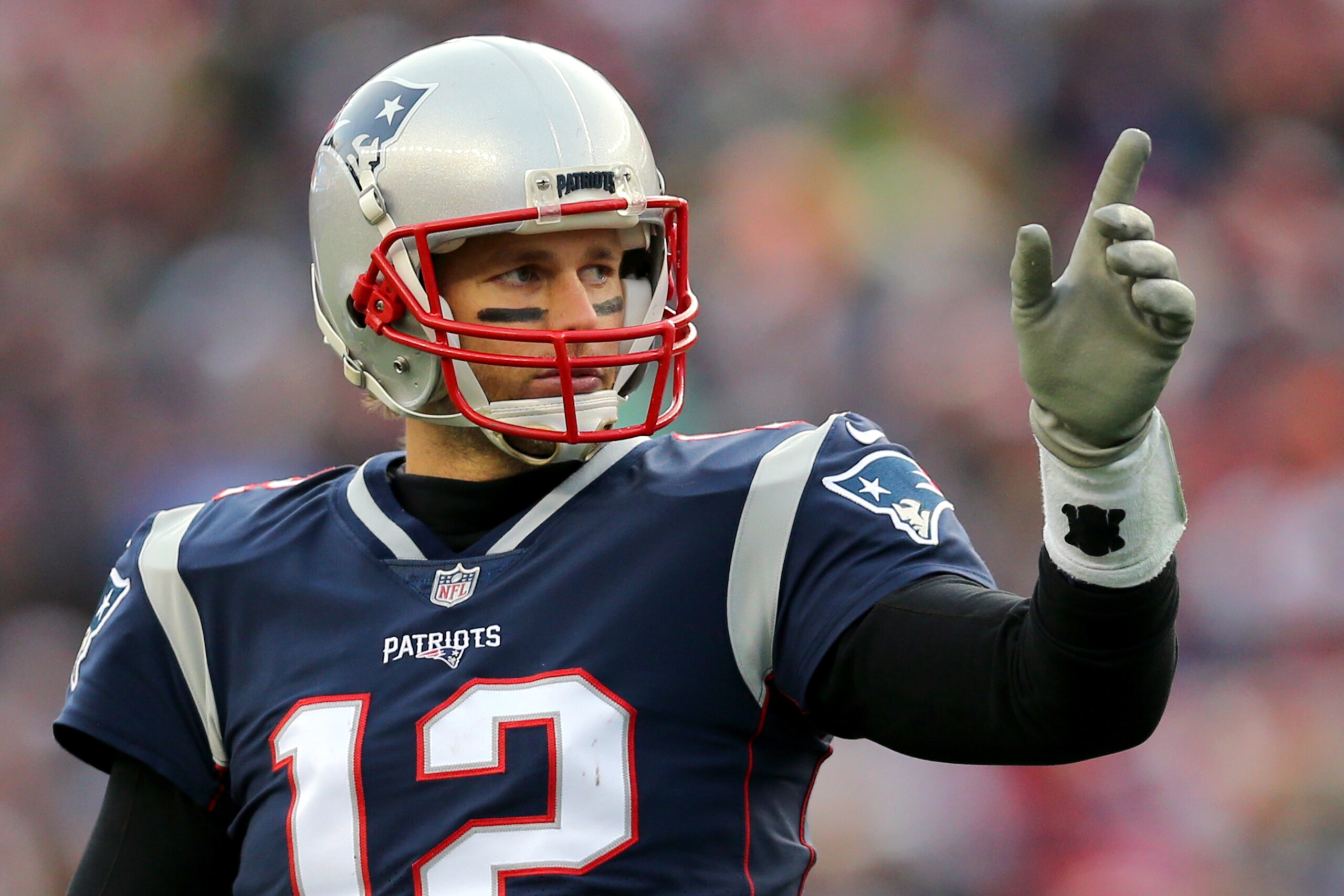 FOXBORO, MA - DECEMBER 24: Tom Brady #12 of the New England Patriots calls for a first down during the second half against the Buffalo Bills at Gillette Stadium on December 24, 2017 in Foxboro, Massachusetts. (Photo by Maddie Meyer/Getty Images)
