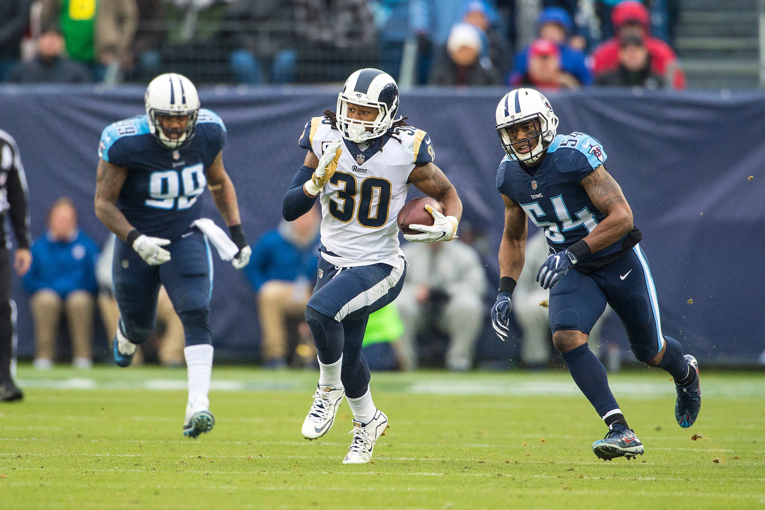 NASHVILLE, TN - DECEMBER 24:  Running back Todd Gurley II #30 of the Los Angeles Rams looks on during a NFL game against the Tennessee Titans at Nissan Stadium on December 24, 2017 in Nashville, Tennessee.  (Photo by Ronald C. Modra/Sports Imagery/Getty I