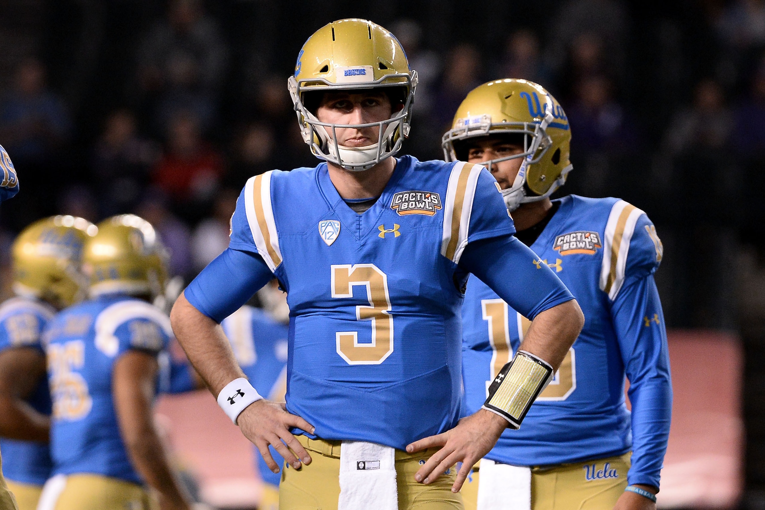 PHOENIX, AZ - DECEMBER 26:  Quarterback Josh Rosen #3 of the UCLA Bruins looks on up prior to the Cactus Bowl against Kansas State Wildcats at Chase Field on December 26, 2017 in Phoenix, Arizona. The Kansas State Wildcats won 35-17.  (Photo by Jennifer S