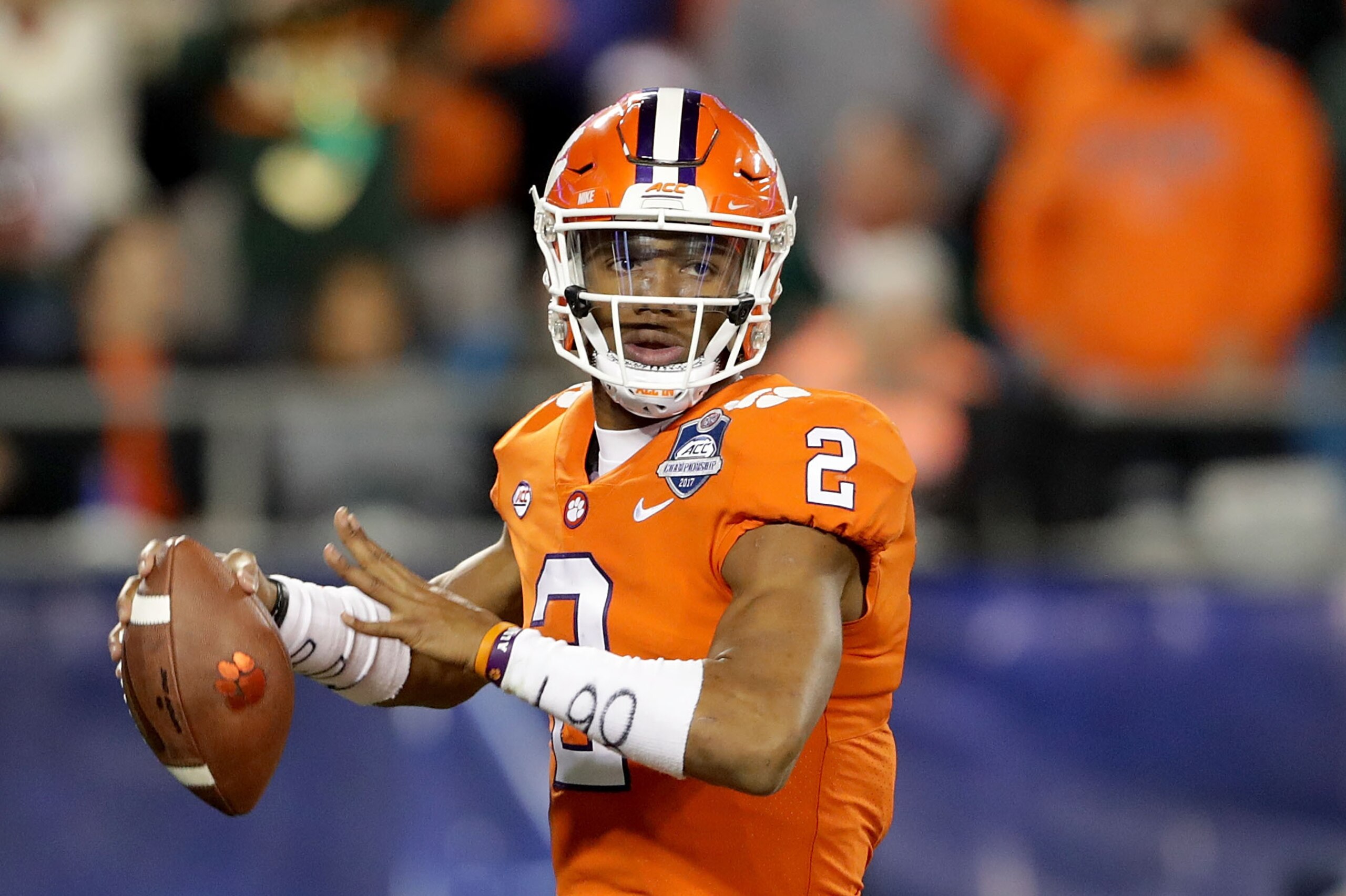 CHARLOTTE, NC - DECEMBER 02:  Kelly Bryant #2 of the Clemson Tigers throws a pass against the Miami Hurricanes in the second quarter during the ACC Football Championship at Bank of America Stadium on December 2, 2017 in Charlotte, North Carolina.  (Photo 