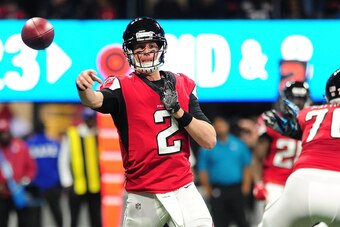 ATLANTA, GA - DECEMBER 31: Matt Ryan #2 of the Atlanta Falcons throws a pass during the first half against the Carolina Panthers at Mercedes-Benz Stadium on December 31, 2017 in Atlanta, Georgia. (Photo by Scott Cunningham/Getty Images)