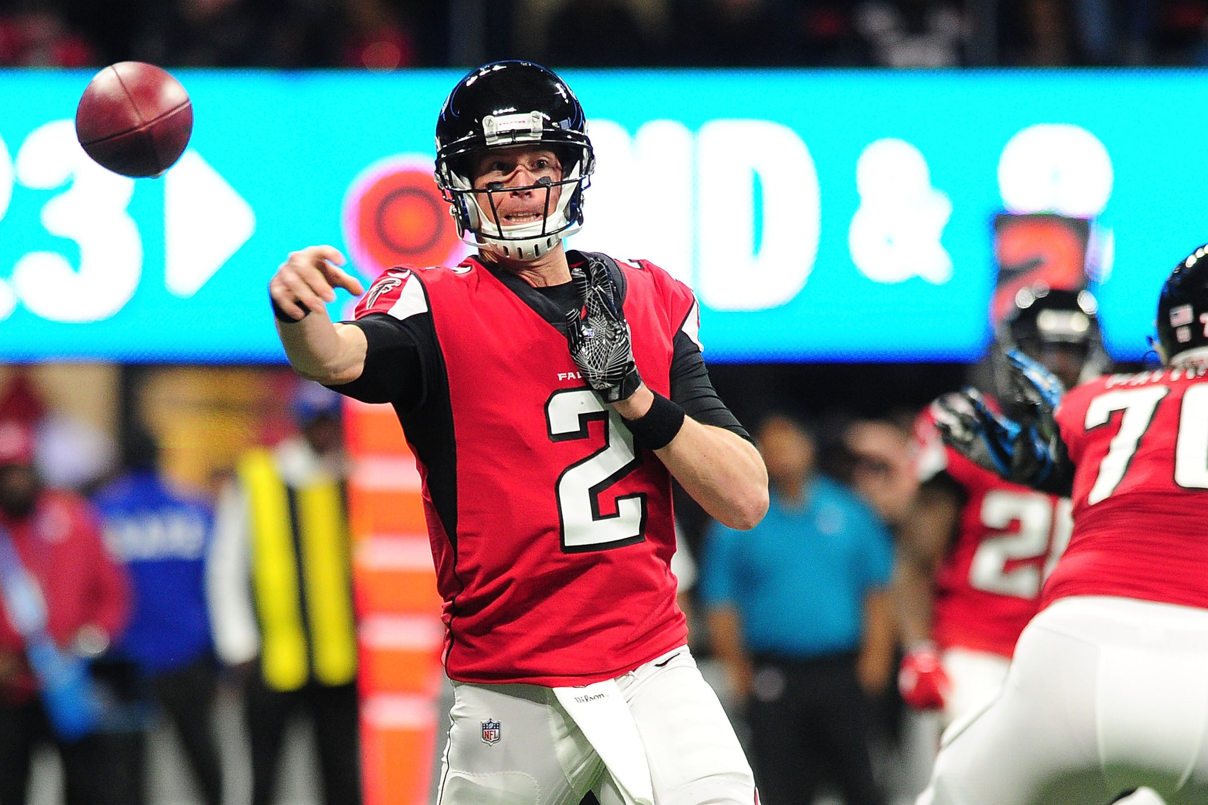 ATLANTA, GA - DECEMBER 31: Matt Ryan #2 of the Atlanta Falcons throws a pass during the first half against the Carolina Panthers at Mercedes-Benz Stadium on December 31, 2017 in Atlanta, Georgia. (Photo by Scott Cunningham/Getty Images) ATLANTA, GA - DECEMBER 31: Matt Ryan #2 of the Atlanta Falcons throws a pass during the first half against the Carolina Panthers at Mercedes-Benz Stadium on December 31, 2017 in Atlanta, Georgia. (Photo by Scott Cunningham/Getty Images)