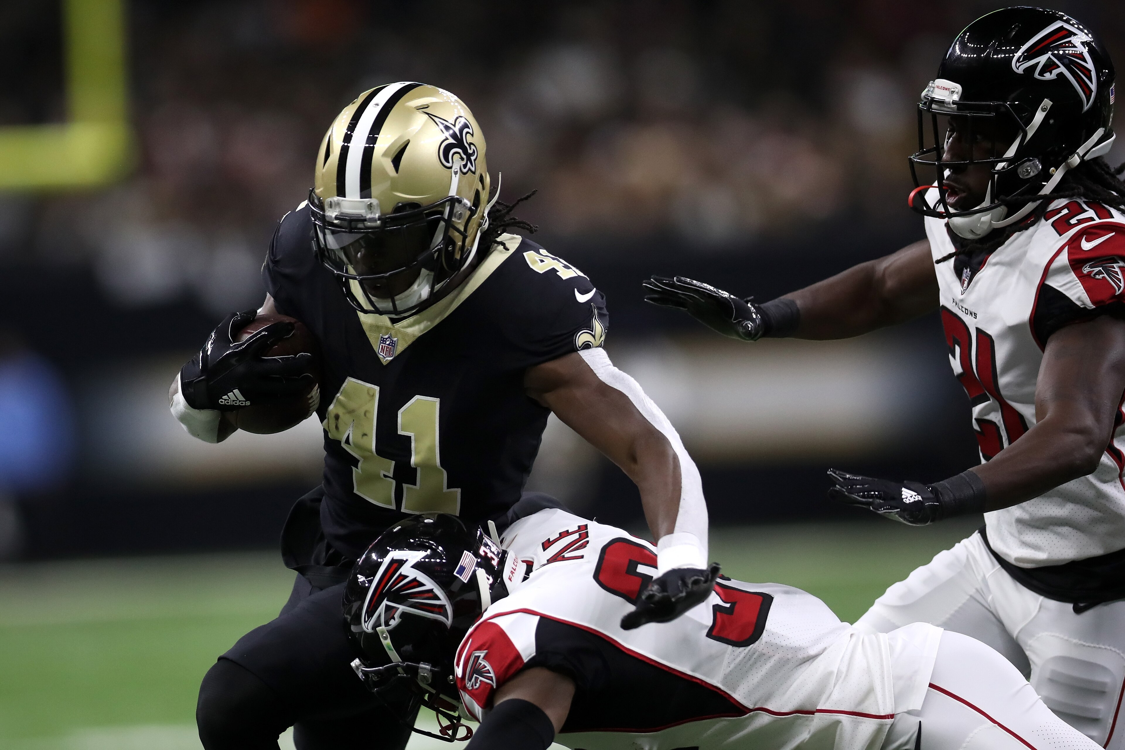 NEW ORLEANS, LA - DECEMBER 24: Alvin Kamara #41 of the New Orleans Saints in action against the Atlanta Falcons at Mercedes-Benz Superdome on December 24, 2017 in New Orleans, Louisiana. (Photo by Chris Graythen/Getty Images) NEW ORLEANS, LA - DECEMBER 24: Alvin Kamara #41 of the New Orleans Saints in action against the Atlanta Falcons at Mercedes-Benz Superdome on December 24, 2017 in New Orleans, Louisiana. (Photo by Chris Graythen/Getty Images)