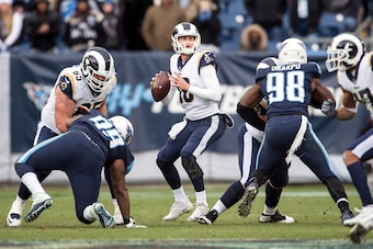 NASHVILLE, TN - DECEMBER 24:  Quarterback Jared Goff #16 of the Los Angeles Rams looks for a receiver during a NFL game against the Tennessee Titans at Nissan Stadium on December 24, 2017 in Nashville, Tennessee.  (Photo by Ronald C. Modra/Sports Imagery/