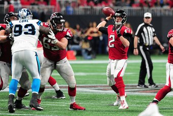 ATLANTA, GA - DECEMBER 31: Matt Ryan #2 of the Atlanta Falcons drops back to pass during the second half against the Carolina Panthers at Mercedes-Benz Stadium on December 31, 2017 in Atlanta, Georgia. (Photo by Scott Cunningham/Getty Images)