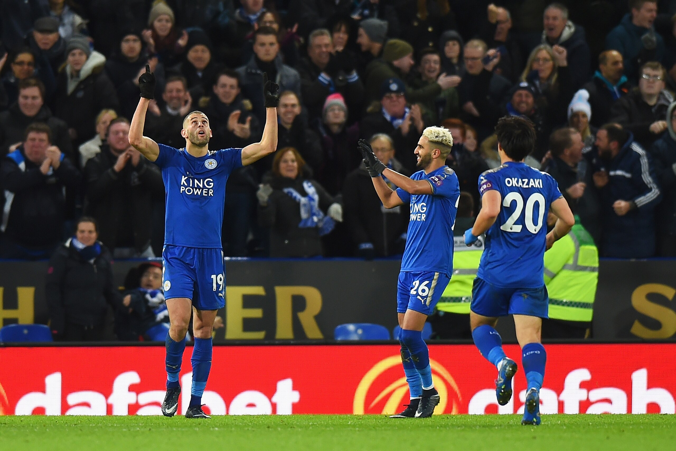 LEICESTER, ENGLAND - JANUARY 01:  Islam Slimani of Leicester City celebrates scoring his team's second goal during the Premier League match between Leicester City and Huddersfield Town at The King Power Stadium on January 1, 2018 in Leicester, England.  (