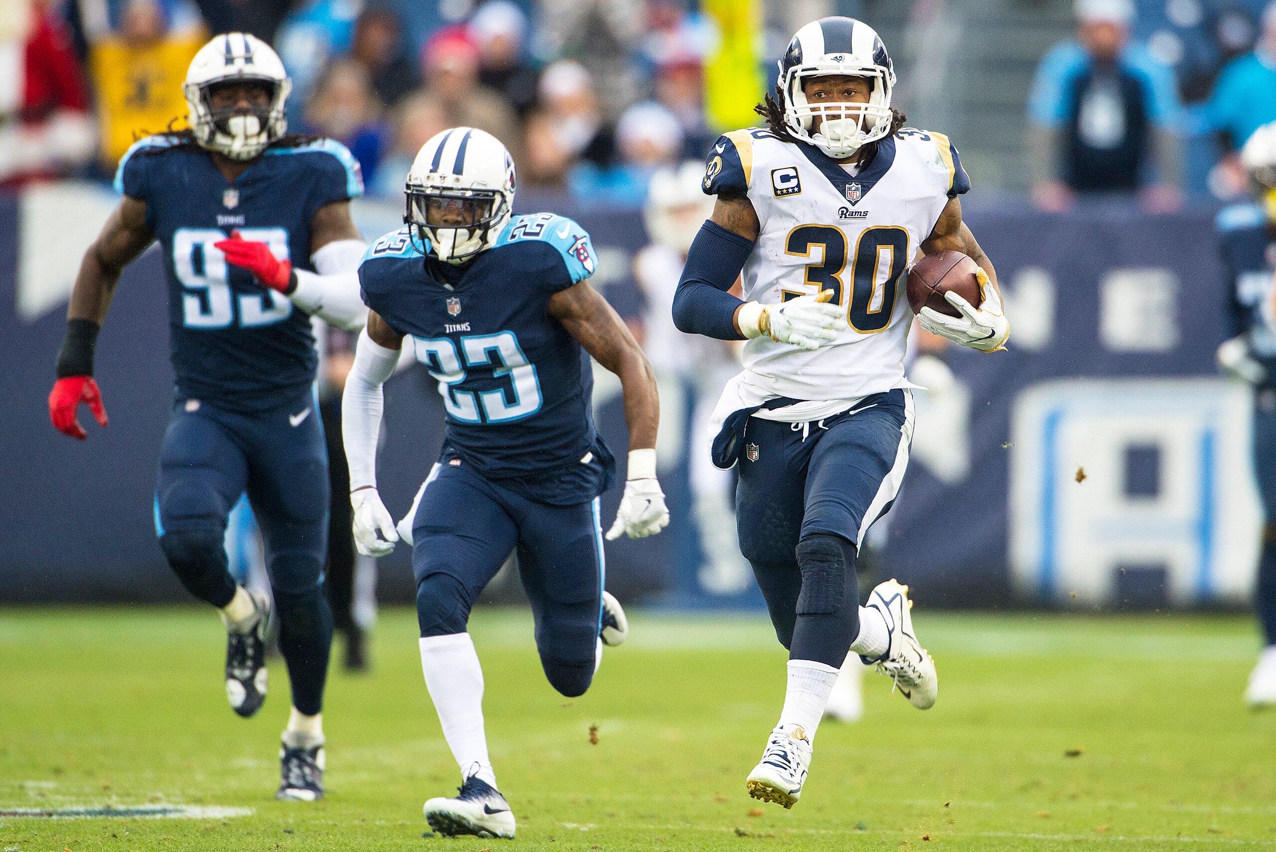 NASHVILLE, TN - DECEMBER 24: Running back Todd Gurley II #30 of the Los Angeles Rams looks on during a NFL game against the Tennessee Titans at Nissan Stadium on December 24, 2017 in Nashville, Tennessee. (Photo by Ronald C. Modra/Sports Imagery/Getty I NASHVILLE, TN - DECEMBER 24: Running back Todd Gurley II #30 of the Los Angeles Rams looks on during a NFL game against the Tennessee Titans at Nissan Stadium on December 24, 2017 in Nashville, Tennessee. (Photo by Ronald C. Modra/Sports Imagery/Getty I