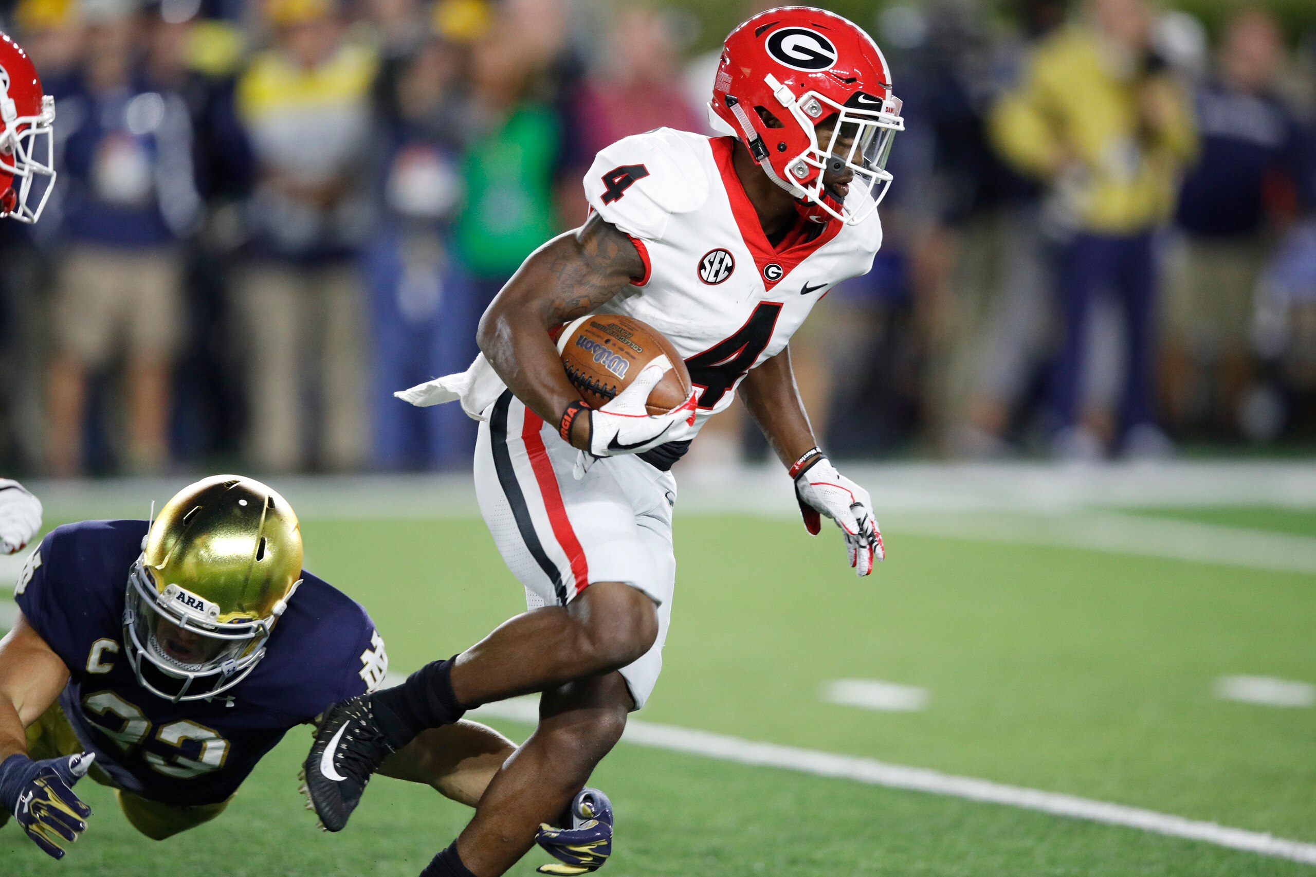 SOUTH BEND, IN - SEPTEMBER 09: Mecole Hardman #4 of the Georgia Bulldogs returns a kick against the Notre Dame Fighting Irish in the second quarter of a game at Notre Dame Stadium on September 9, 2017 in South Bend, Indiana. (Photo by Joe Robbins/Getty Im SOUTH BEND, IN - SEPTEMBER 09: Mecole Hardman #4 of the Georgia Bulldogs returns a kick against the Notre Dame Fighting Irish in the second quarter of a game at Notre Dame Stadium on September 9, 2017 in South Bend, Indiana. (Photo by Joe Robbins/Getty Im