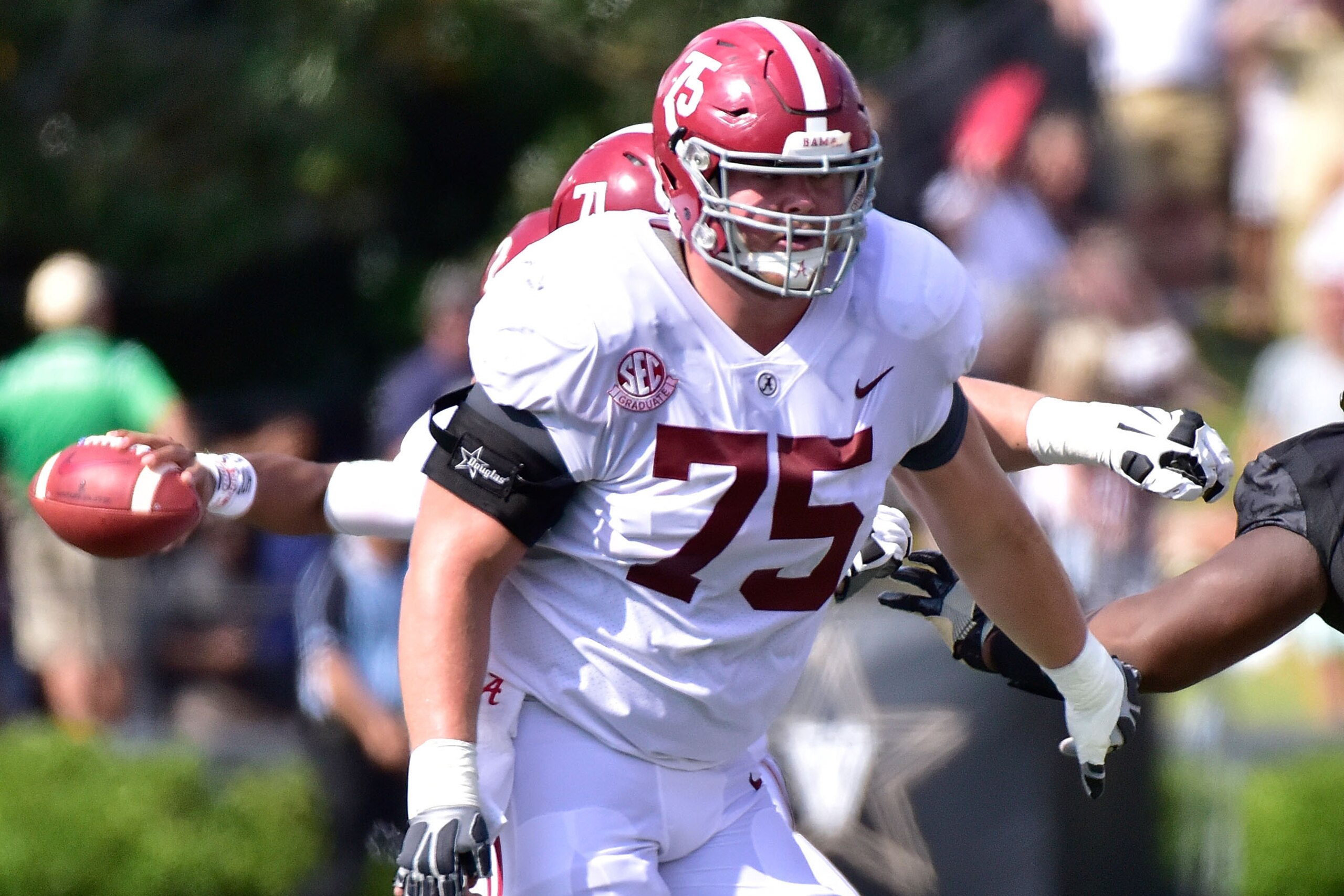 NASHVILLE, TN - SEPTEMBER 23: Bradley Bozeman #75 of the Alabama Crimson Tide plays against the Vanderbilt Commodores at Vanderbilt Stadium on September 23, 2017 in Nashville, Tennessee. (Photo by Frederick Breedon/Getty Images) NASHVILLE, TN - SEPTEMBER 23: Bradley Bozeman #75 of the Alabama Crimson Tide plays against the Vanderbilt Commodores at Vanderbilt Stadium on September 23, 2017 in Nashville, Tennessee. (Photo by Frederick Breedon/Getty Images)