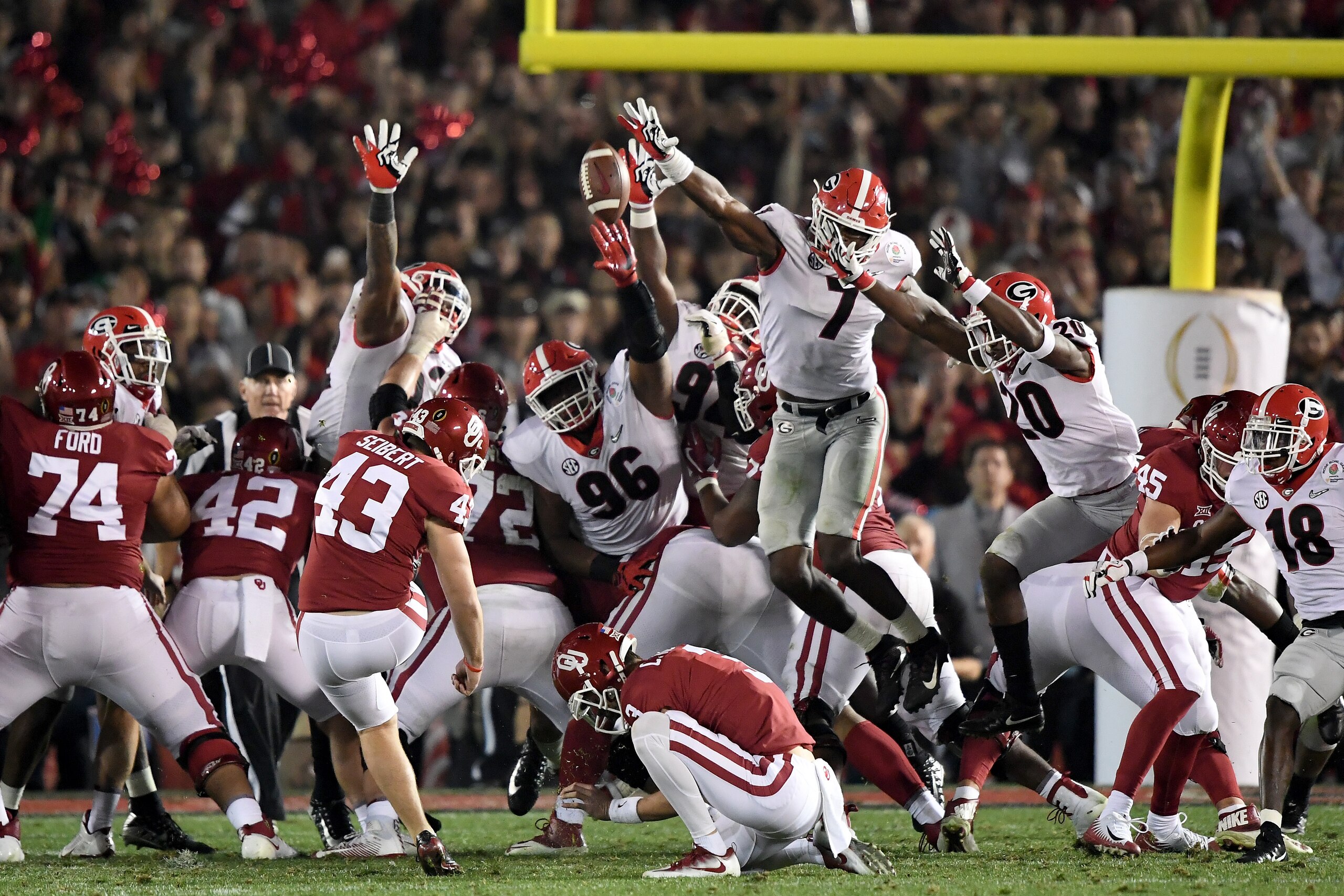 PASADENA, CA - JANUARY 01:  Austin Seibert #43 of the Oklahoma Sooners attempts the field goal but is blocked by Lorenzo Carter #7 of the Georgia Bulldogs in the 2018 College Football Playoff Semifinal Game at the Rose Bowl Game presented by Northwestern 