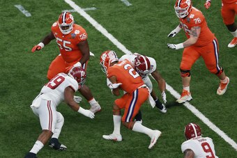 NEW ORLEANS, LA - JANUARY 01: Kelly Bryant #2 of the Clemson Tigers is tackled by Isaiah Buggs #49 of the Alabama Crimson Tide and Anfernee Jennings #33  in the first quarter of the AllState Sugar Bowl at the Mercedes-Benz Superdome on January 1, 2018 in 