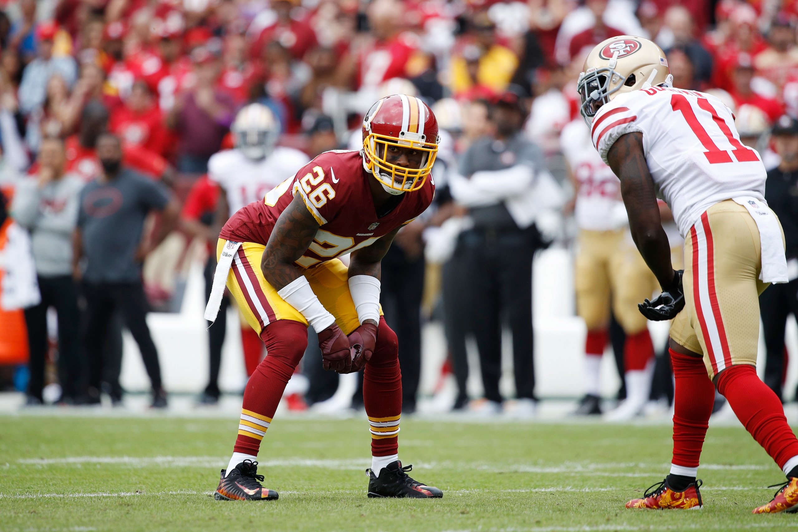 LANDOVER, MD - OCTOBER 15: Bashaud Breeland #26 of the Washington Redskins in action during a game against the San Francisco 49ers at FedEx Field on October 15, 2017 in Landover, Maryland. The Redskins won 26-24. (Photo by Joe Robbins/Getty Images)