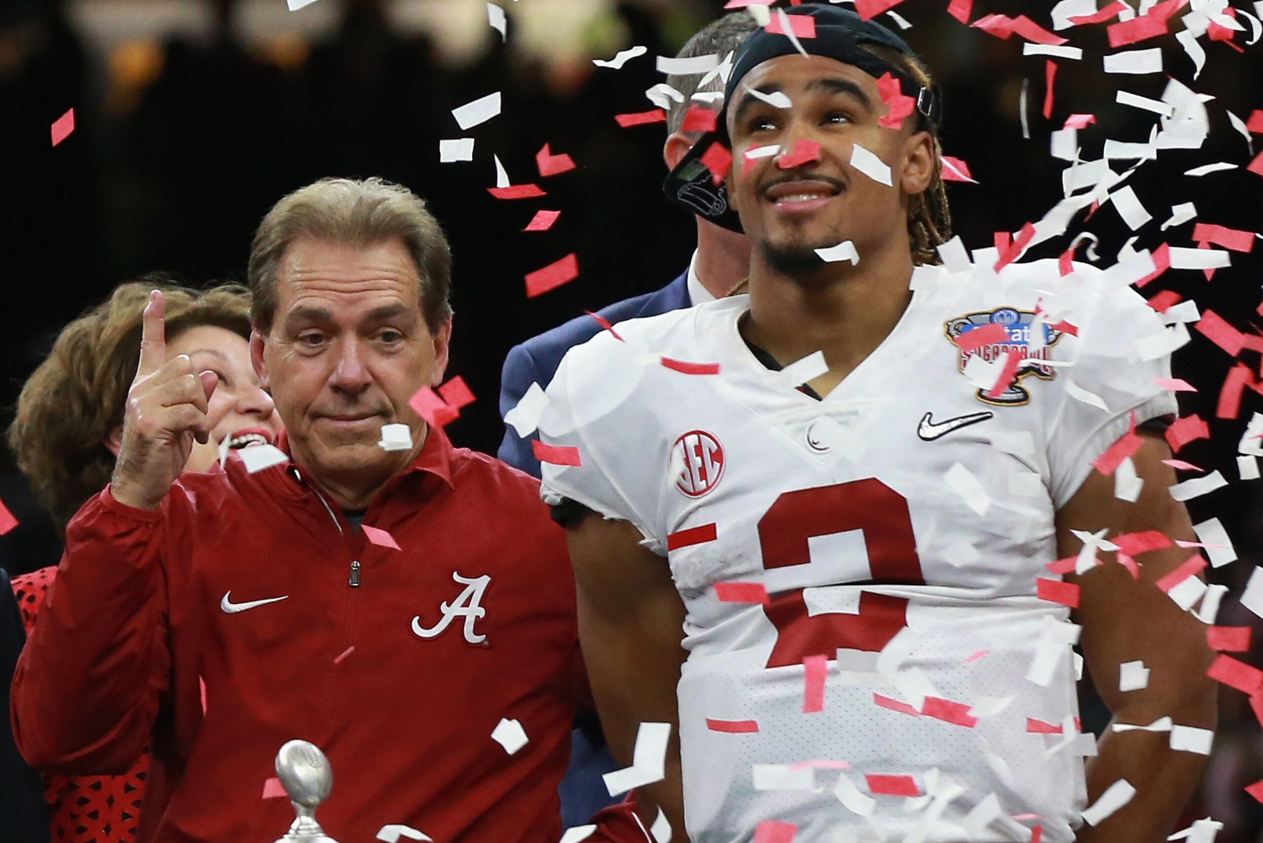 NEW ORLEANS, LA - JANUARY 01: Jalen Hurts #2 of the Alabama Crimson Tide and head coach Nick Saban celebrate thier win after the AllState Sugar Bowl against the Clemson Tigers at the Mercedes-Benz Superdome on January 1, 2018 in New Orleans, Louisiana.  (