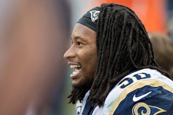 NASHVILLE, TN - DECEMBER 24:  Todd Gurley II #30 of the Los Angeles Rams on the sidelines during a game against the Tennessee Titans at Nissan Stadium on December 24, 2017 in Nashville, Tennessee.  The Rams defeated the Titans 27-23.  (Photo by Wesley Hit
