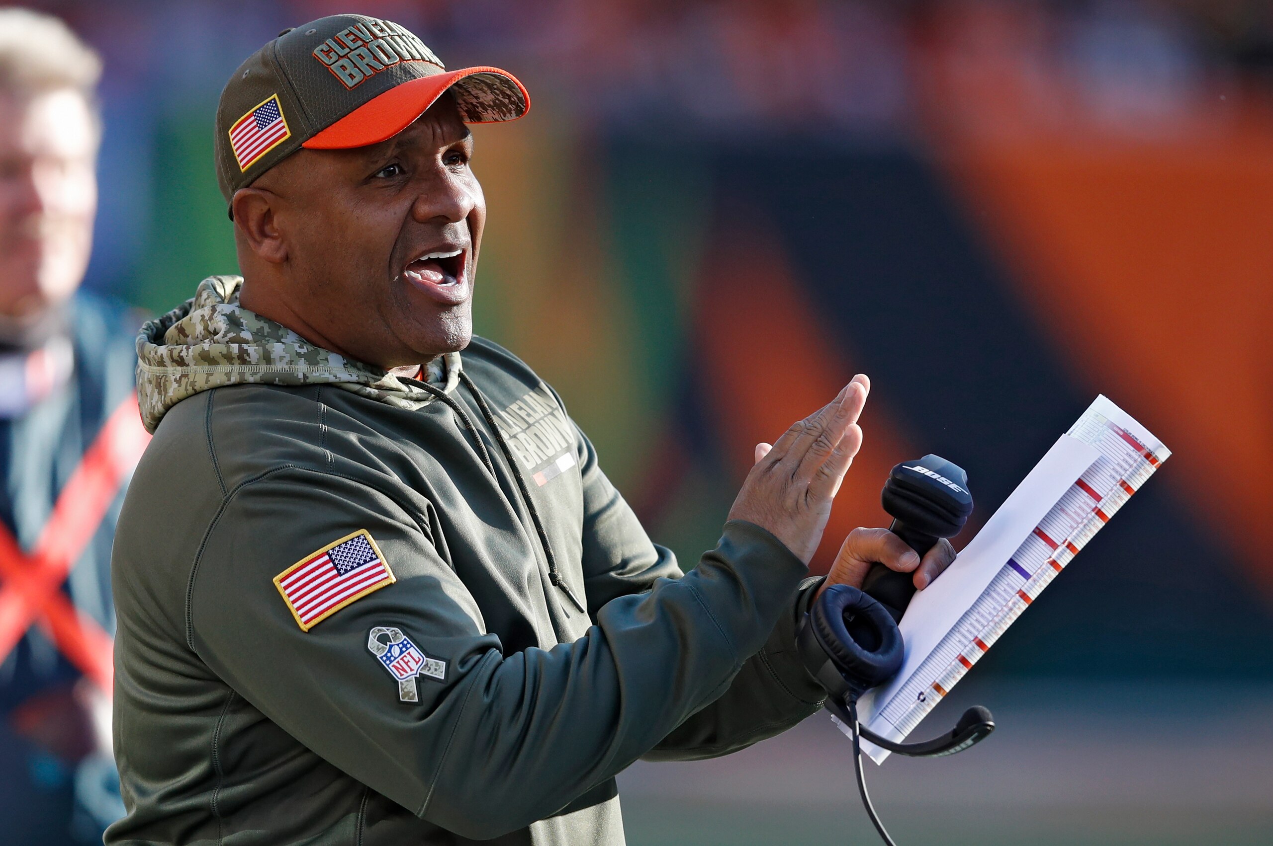 CINCINNATI, OH - NOVEMBER 26: Head coach Hue Jackson of the Cleveland Browns looks on during a game against the Cincinnati Bengals at Paul Brown Stadium on November 26, 2017 in Cincinnati, Ohio. The Bengals won 30-16. (Photo by Joe Robbins/Getty Images)