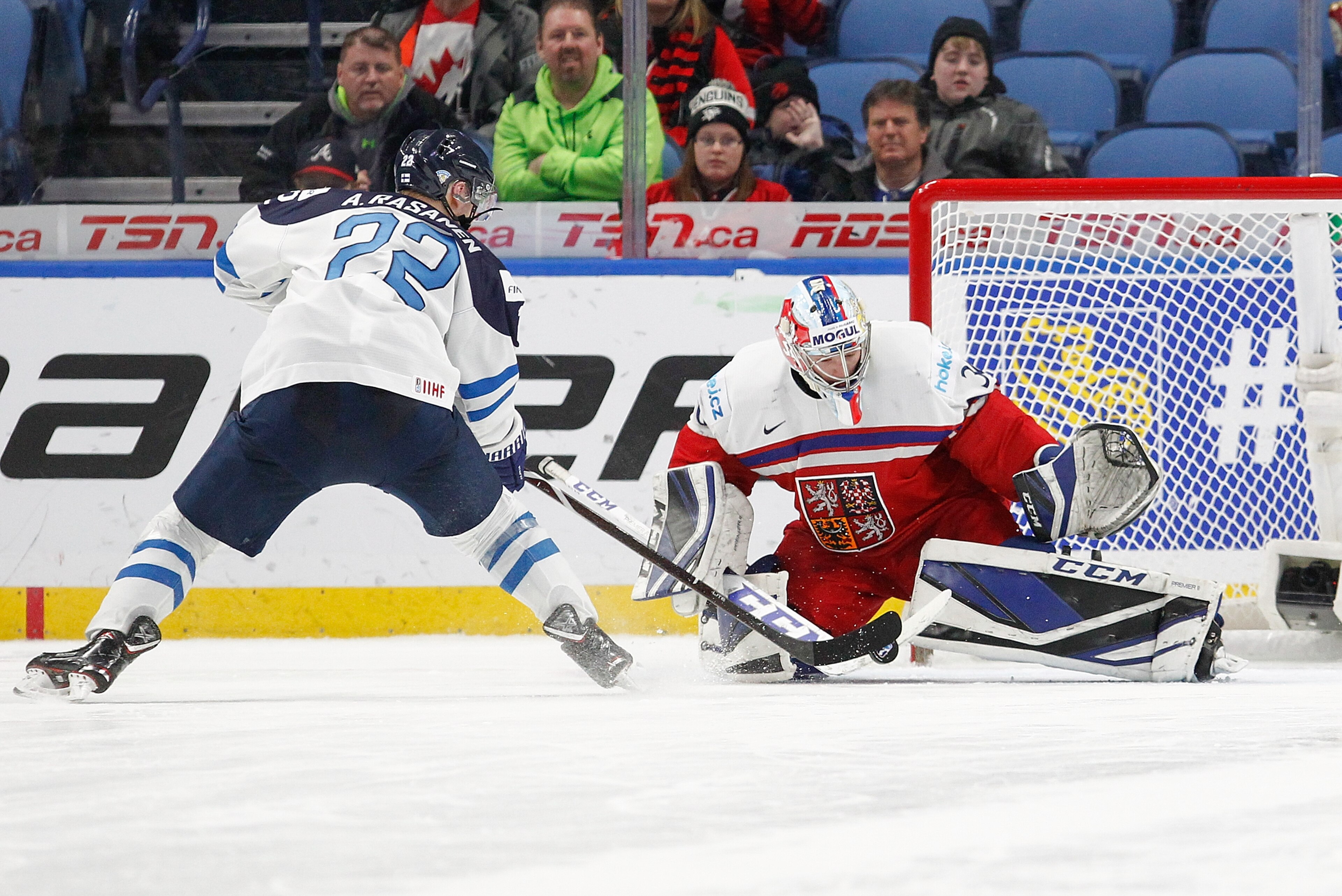 BUFFALO, NY - JANUARY 02: Josef Korenar #30 of Czech Republic makes a save on Aapeli Räsänen #22 of Finland during the overtime shootout in the IIHF World Junior Championships Quarterfinal game at the KeyBank Center on January 2, 2018 in Buffalo, New York