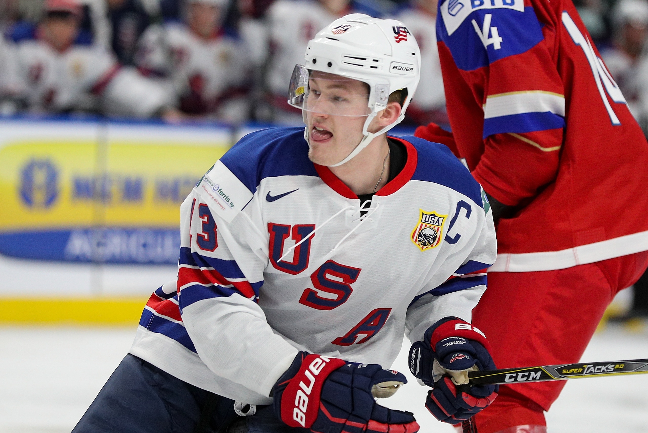 BUFFALO, NY - JANUARY 02: Kieffer Bellows #23 of United States skates against Russia during the first period of play in the Quarterfinal IIHF World Junior Championship game at the KeyBank Center on January 2, 2018 in Buffalo, New York. (Photo by Nicholas 