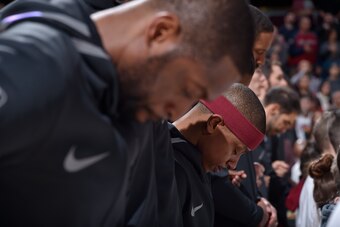 CLEVELAND, OH - JANUARY 2:  Isaiah Thomas #3 of the Cleveland Cavaliers with his teammates stand for the National Anthem before the game against the Portland Trail Blazers on January 2, 2018 at Quicken Loans Arena in Cleveland, Ohio. NOTE TO USER: User ex