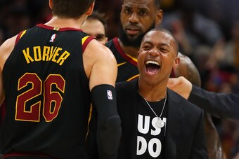 CLEVELAND, OH - DECEMBER 06:  Isaiah Thomas #3 of the Cleveland Cavaliers reacts with Kyle Korver #26 on the bench during the second half while playing the Sacramento Kingsat Quicken Loans Arena on December 6, 2017 in Cleveland, Ohio. NOTE TO USER: User e