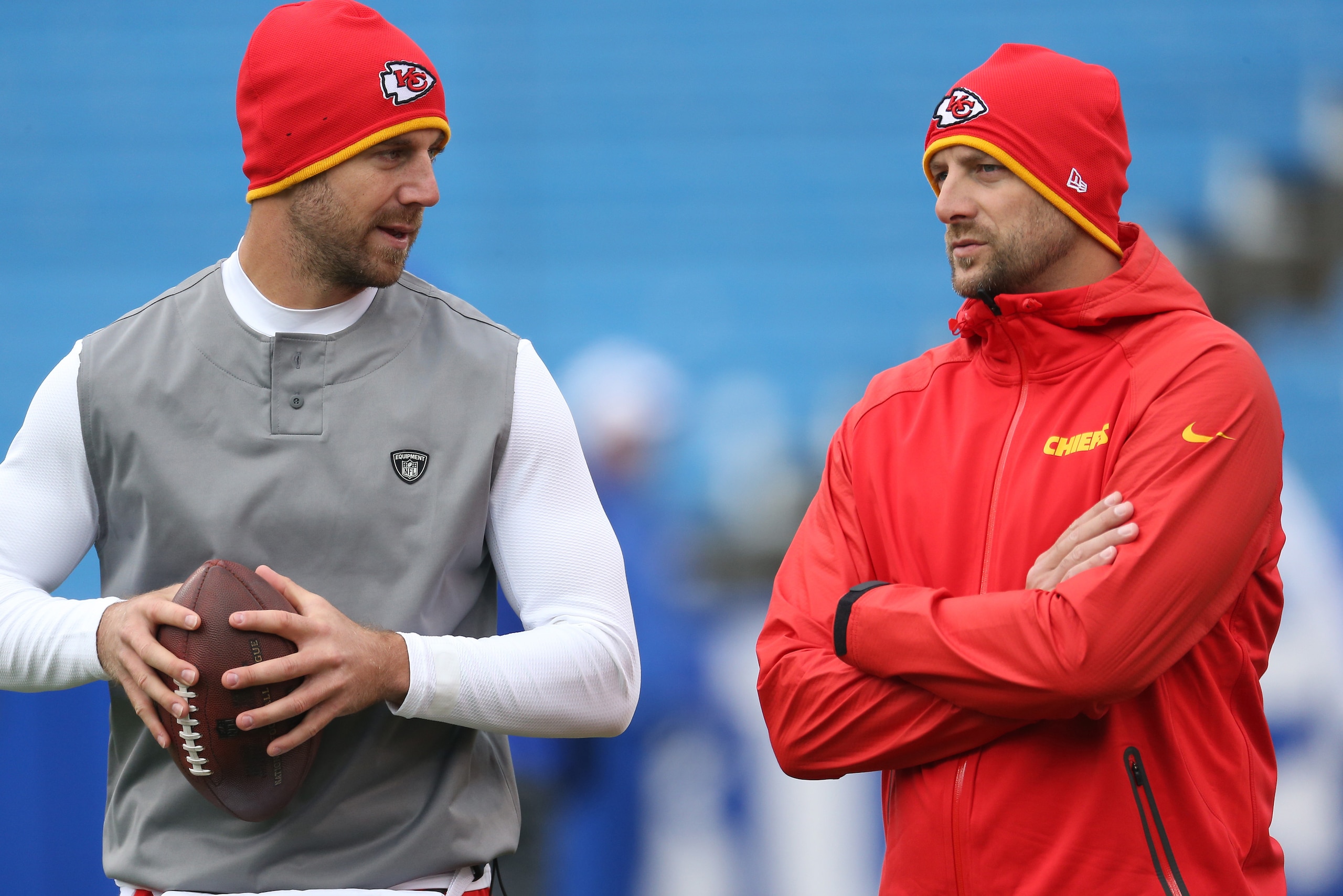 ORCHARD PARK, NY - NOVEMBER 3: Alex Smith #11 of the Kansas City Chiefs talks to quarterbacks coach Matt Nagy as he warms up before NFL game action against the Buffalo Bills at Ralph Wilson Stadium on November 3, 2013 in Orchard Park, New York. (Photo by 