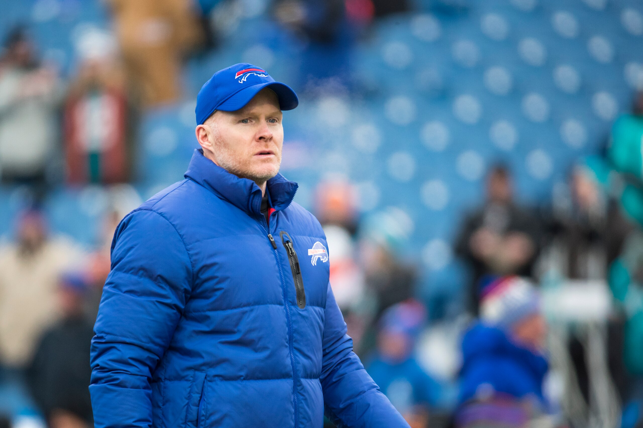 ORCHARD PARK, NY - DECEMBER 17:  Head coach Sean McDermott of the Buffalo Bills walks on the field before the game against the Miami Dolphins at New Era Field on December 17, 2017 in Orchard Park, New York. Buffalo defeats Miami 24-16.  (Photo by Brett Ca
