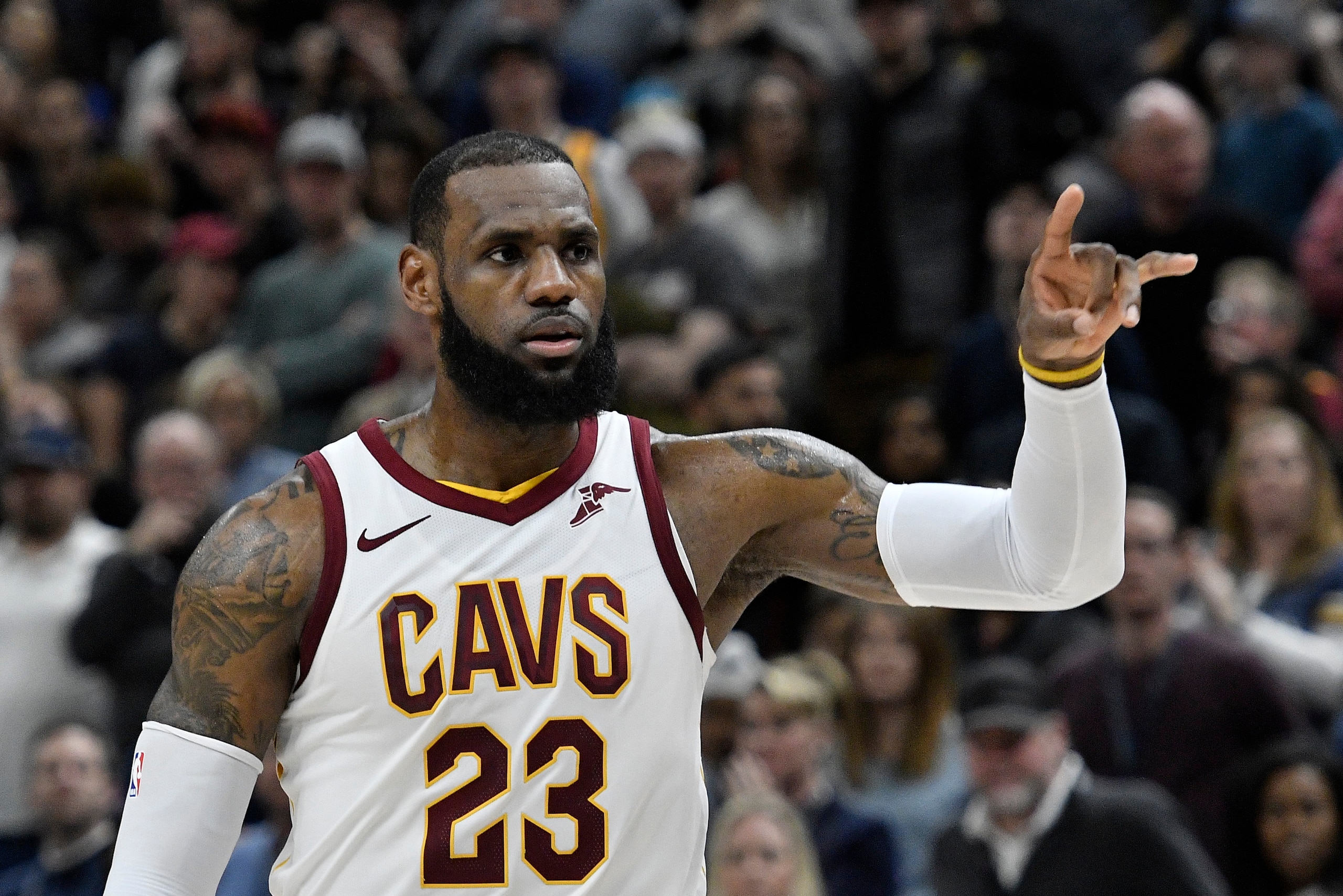 SALT LAKE CITY, UT - DECEMBER 30: LeBron James #23 of the Cleveland Cavaliers gestures on court during their game against the Utah Jazz at Vivint Smart Home Arena on December 30, 2017 in Salt Lake City, Utah. NOTE TO USER: User expressly acknowledges and 