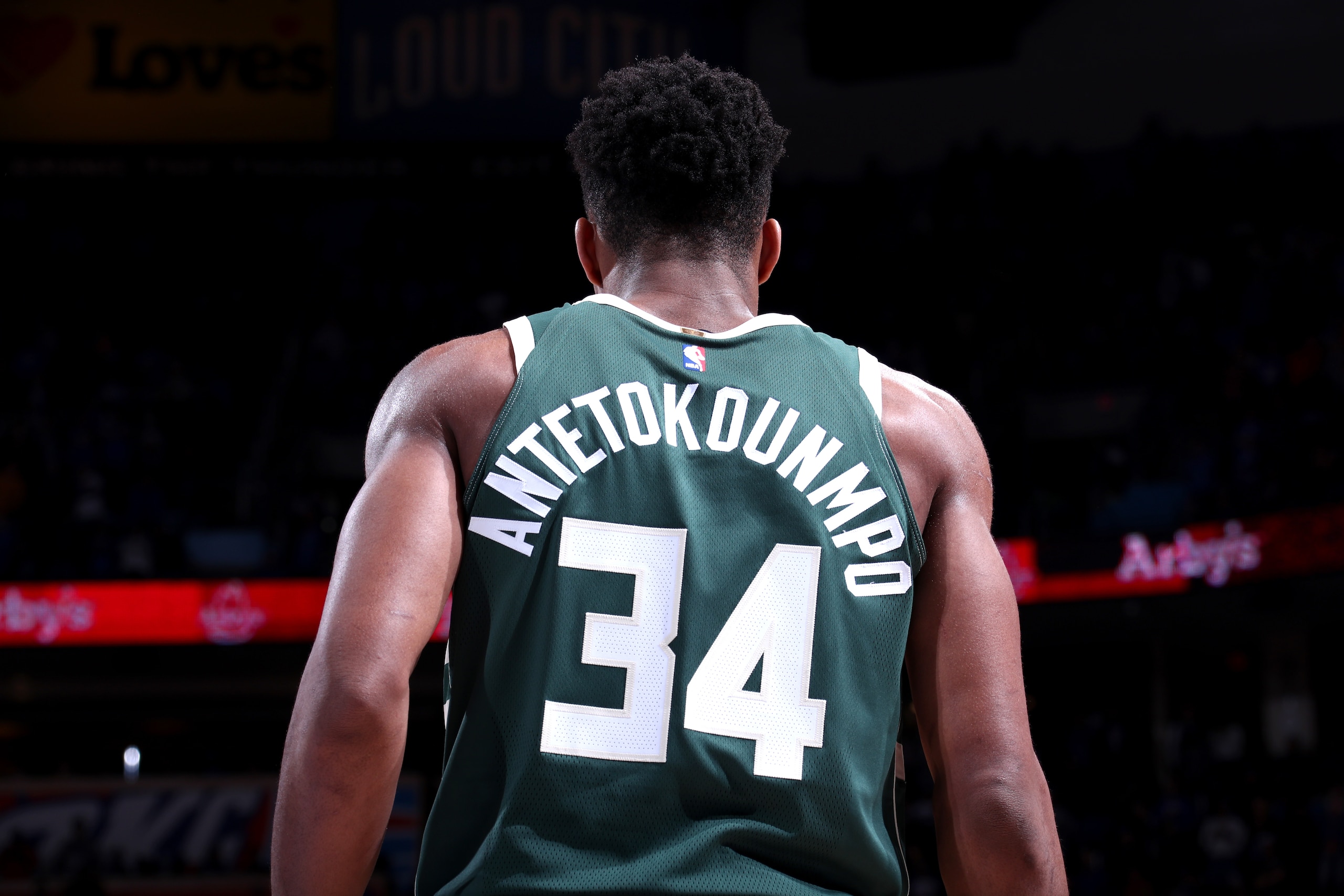 OKLAHOMA CITY, OK- DECEMBER 29, 2017:   Giannis Antetokounmpo #34 of the Milwaukee Bucks looks on during the game against the Oklahoma City Thunder on December 29, 2017 at Chesapeake Energy Arena in Oklahoma City, Oklahoma. NOTE TO USER: User expressly ac
