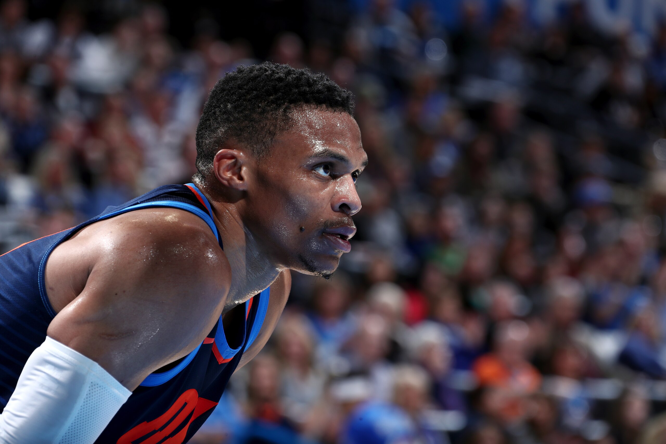 OKLAHOMA CITY, OK - DECEMBER 31: Russell Westbrook #0 of the Oklahoma City Thunder looks on during the game against the Dallas Mavericks on December 31, 2017 at Chesapeake Energy Arena in Oklahoma City, Oklahoma. NOTE TO USER: User expressly acknowledges 