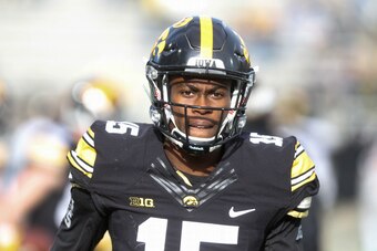 IOWA CITY, IA - NOVEMBER 18:  Defensive back Josh Jackson #15 of the Iowa Hawkeyes before the match-up against the Purdue Boilermakers on November 18, 2017 at Kinnick Stadium in Iowa City, Iowa.  (Photo by Matthew Holst/Getty Images)