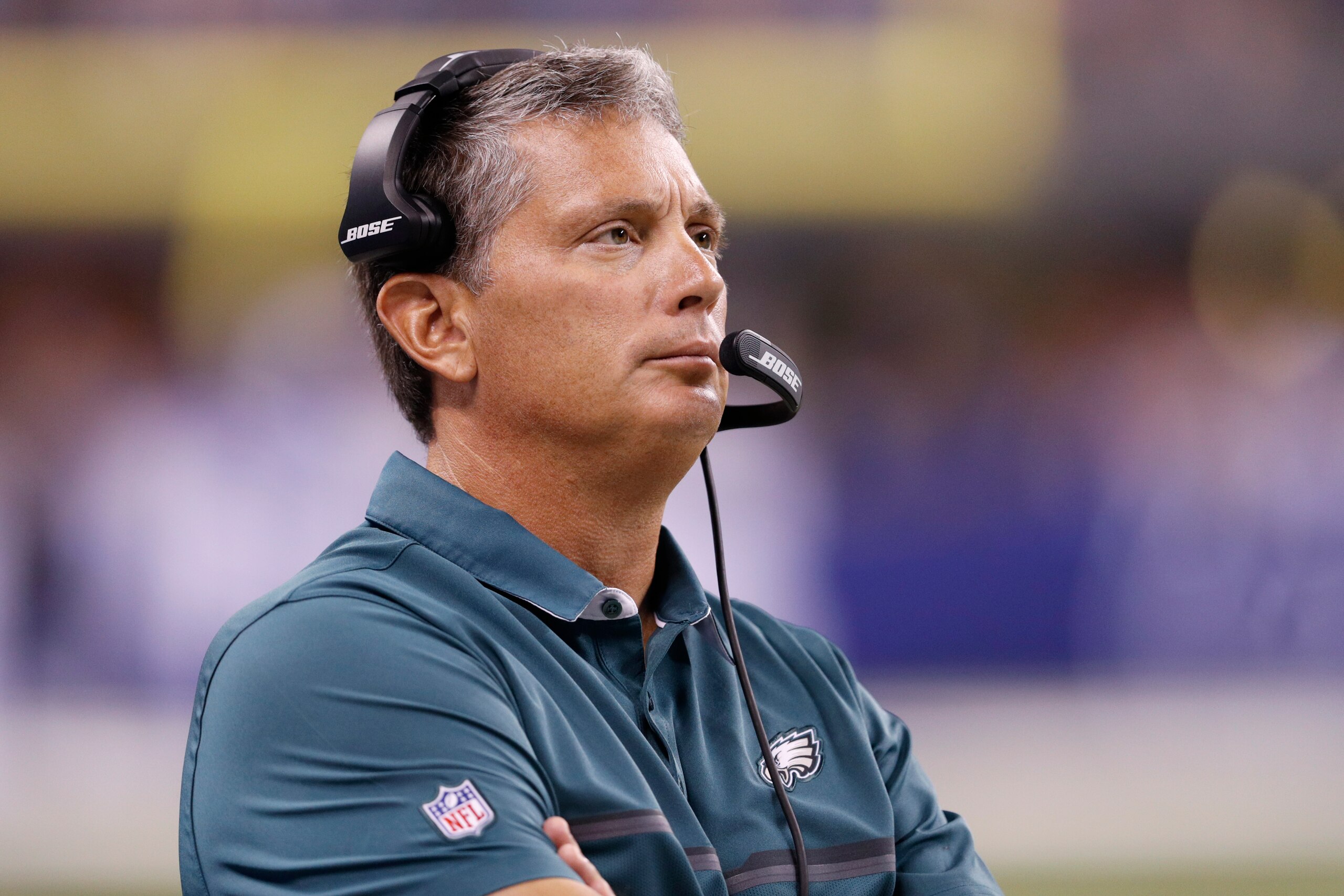 INDIANAPOLIS, IN - AUGUST 27: Defensive coordinator Jim Schwartz of the Philadelphia Eagles looks on against the Indianapolis Colts during a preseason NFL game at Lucas Oil Stadium on August 27, 2016 in Indianapolis, Indiana. (Photo by Joe Robbins/Getty I