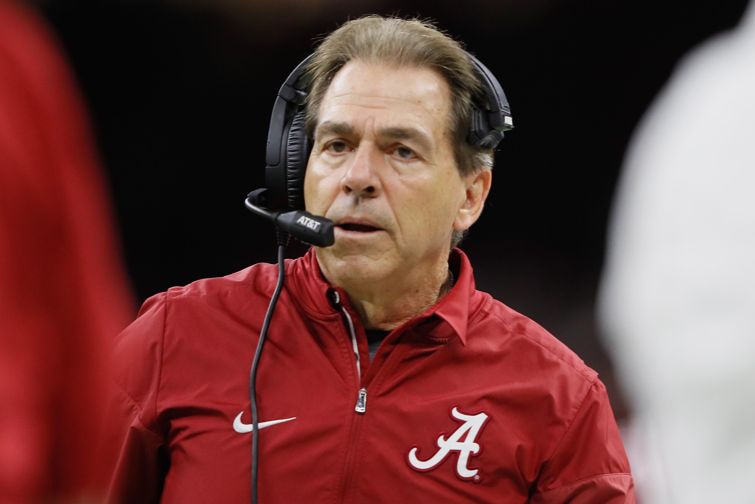 NEW ORLEANS, LA - JANUARY 01:  Head coach Nick Saban of the Alabama Crimson Tide reacts in the second half of the AllState Sugar Bowl against the Clemson Tigers at the Mercedes-Benz Superdome on January 1, 2018 in New Orleans, Louisiana.  (Photo by Jamie 